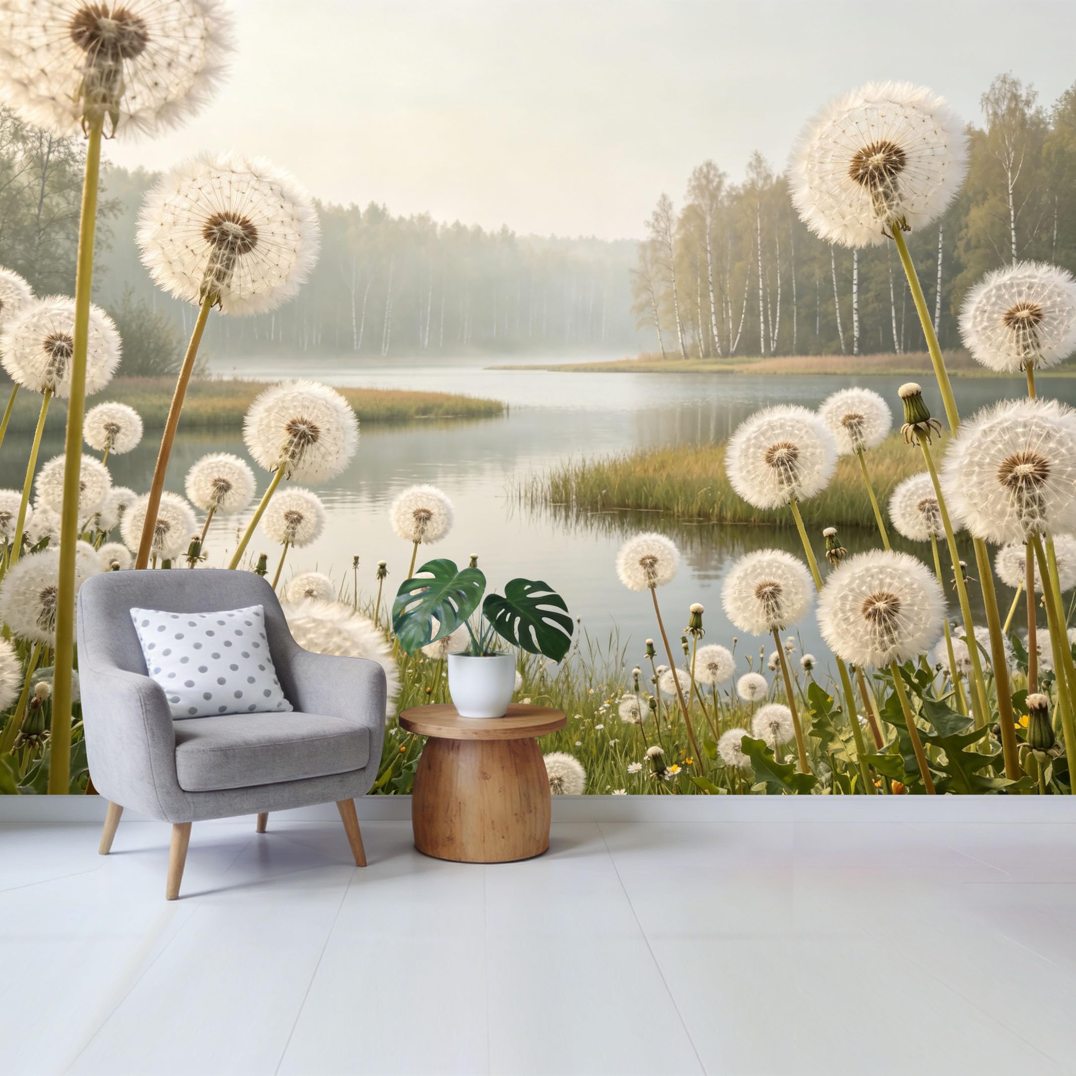 Qzlithotic Yq2605250381 Custom Size Wall Mural Dandelion Flower Field Misty Lake Landscape Botanical Selfadhesive Wall Fabric Removable Wallpaper For Home Office Decor
