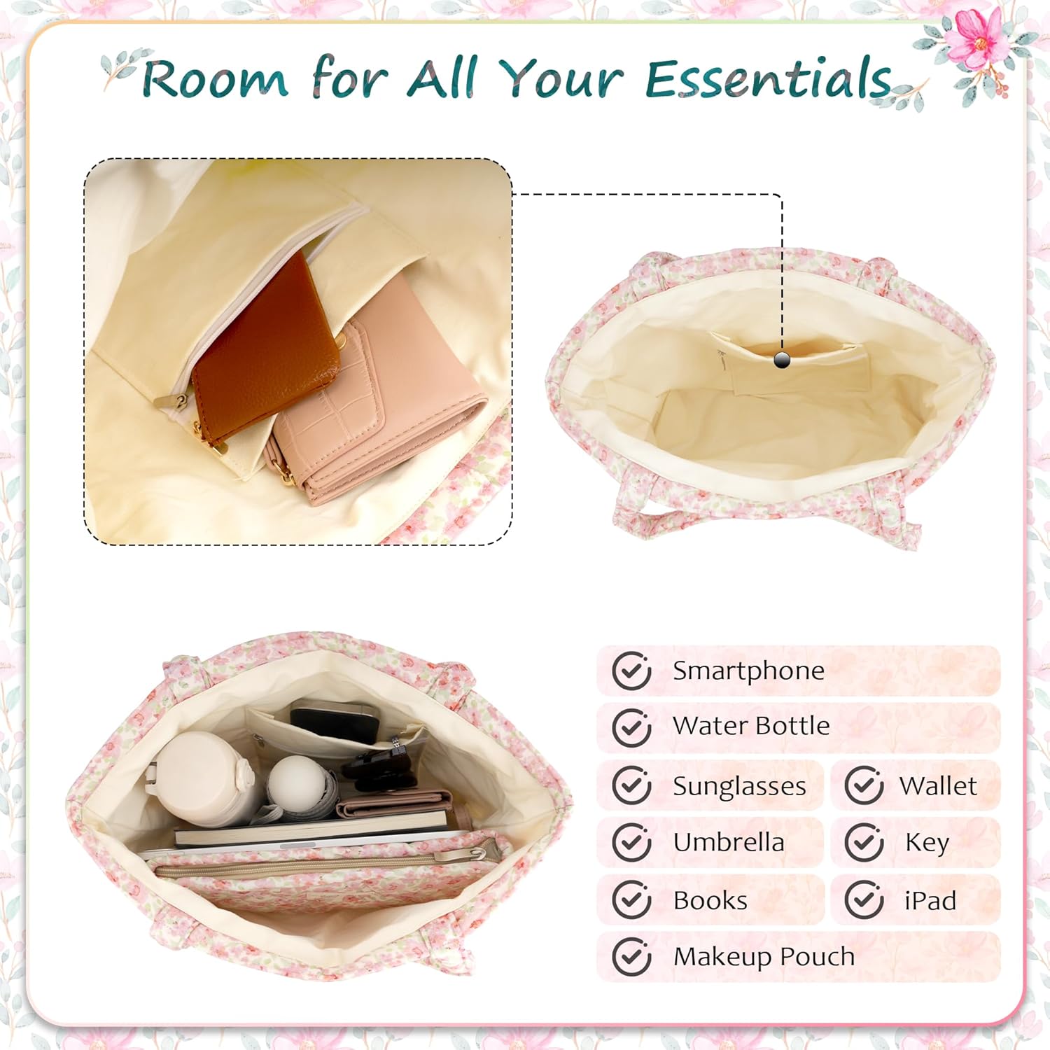 Floral Puffer Tote Bag Set for Women, Quilted Cotton Shoulder Bag with Zippered Pouch, Small Cute Totes - Image 5