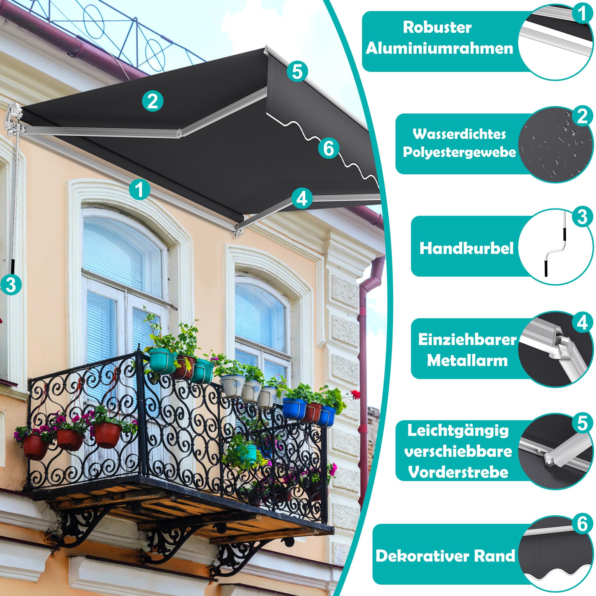 ACXIN Aluminiowa markiza przeciwsłoneczna, markiza z ramieniem przegubowym, markiza kasetowa, markiza balkonowa, ciemnoszara, łatwa obsługa za pomocą korby ręcznej (2,5 m x 2 m)