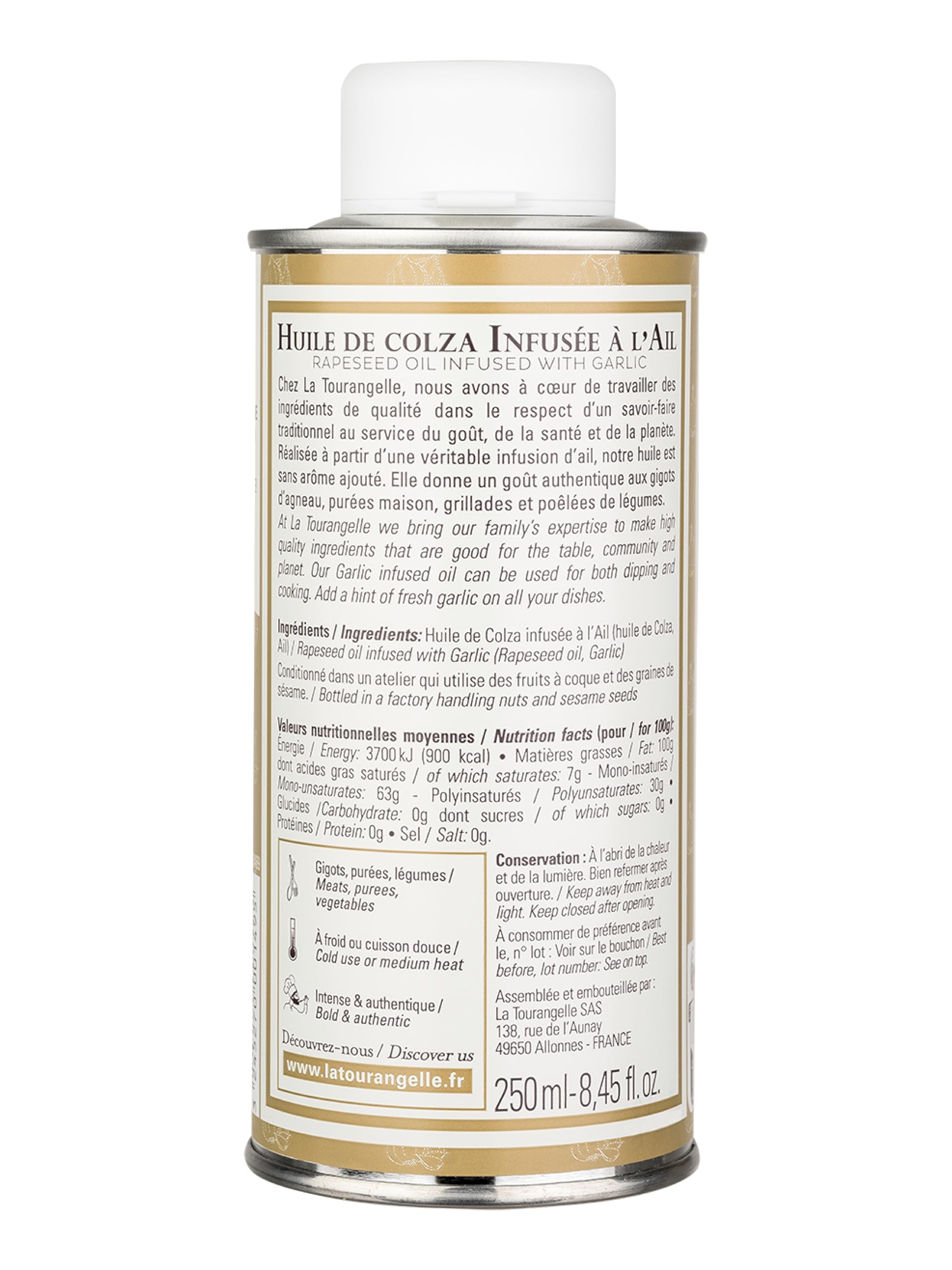 La Tourangelle - Huile infusée à l'ail - Véritable infusion naturelle - Goût naturel et authentique - Sans arômes ajoutés - 250ml - 2