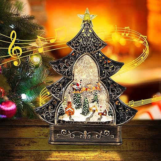 Christmas Snow Globes, Santa Claus Sleigh Snow Scene Christmas Lantern with 6 Hour Timer & 8 Christmas Music Songs, USB & Battery Operated Christmas Music Box for Decorations Indoor Tabletop Gifts
