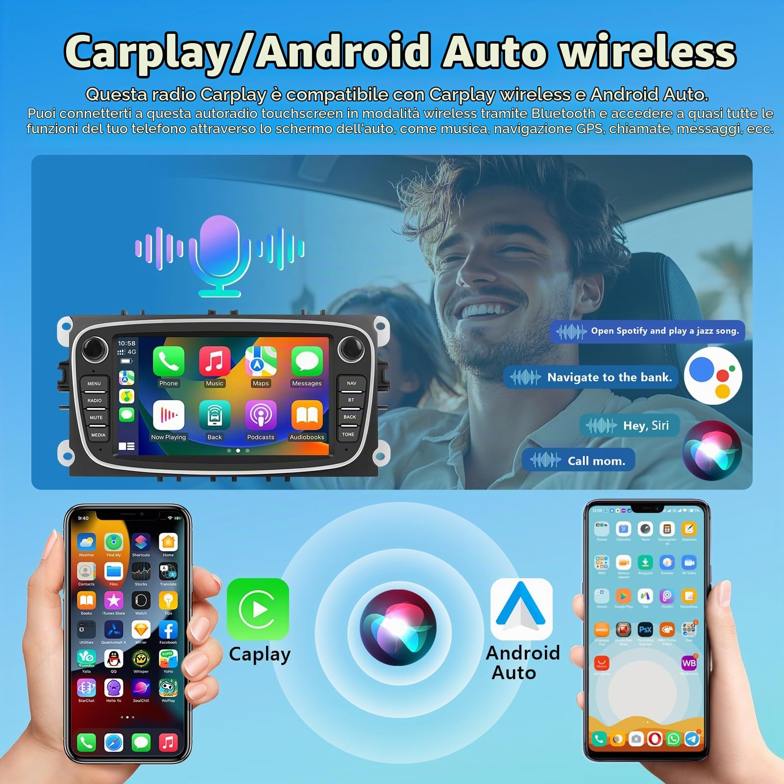 4GB+64GB Autoradio per Ford Focus II/S-MAX/MONDEO 9/GAL con Wireless Carplay, Audio Bluetooth Touchscreen da 7 Pollici con Navigazione GPS/Collegamento a Specchio/WIFI/EQ/RDS/HiFi + Telecamera