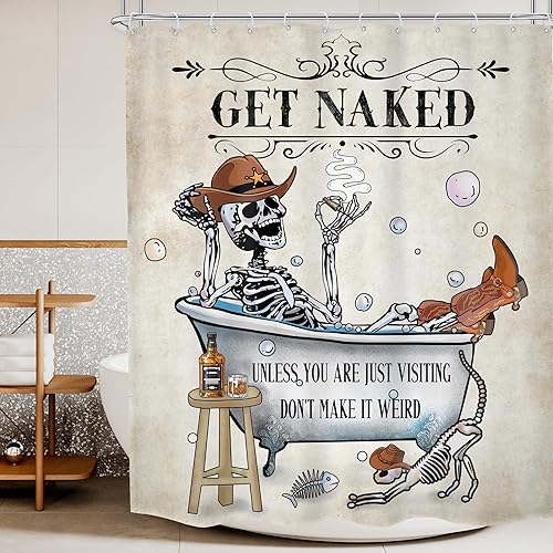 Cortina de ducha de esqueleto de calavera de vaquero occidental, divertida, gótica de Texas, espeluznante, única hueso mexicano en la bañera,