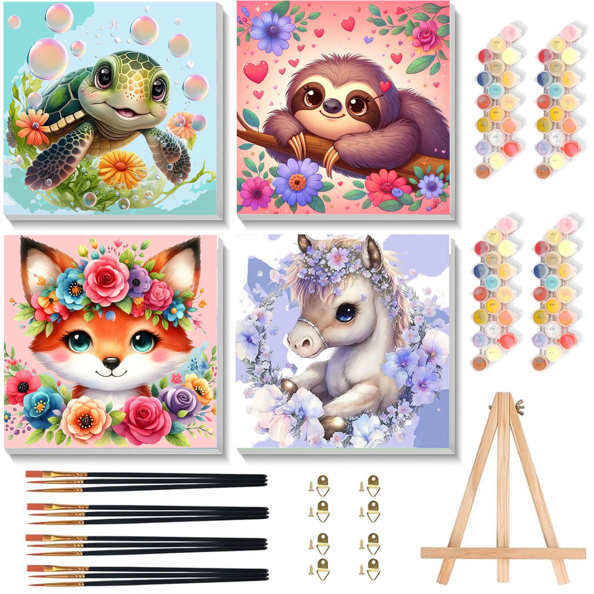 4 Pack Animal Paint by Numbers for Children with Wooden Frame, Turtle Horse Fox Sloth Paint by Numbers Kids Ages 6-8-12, DIY Painting by Number for Kids Acrylic Oil Canvas for Home Wall Decor 8X8 inch