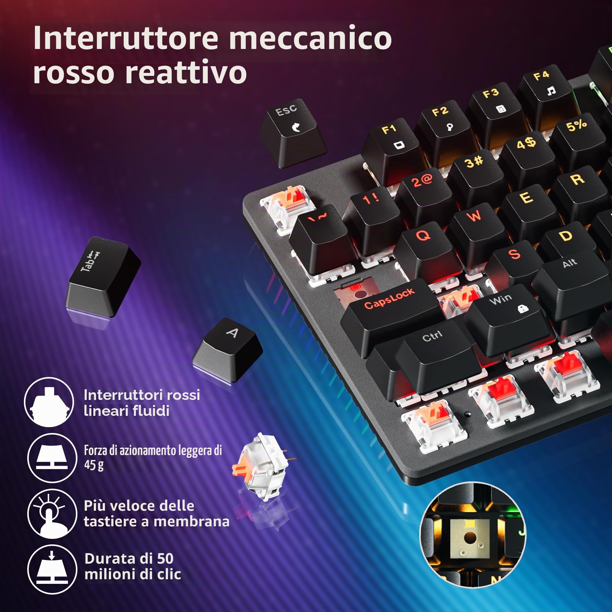 Newmen GM325Pro, tastiera meccanica a 104 tasti, retroilluminata a LED, con cavo, con pannello in metallo hot-swap, tasti neri in ABS, tastiera meccanica da gioco, per Windows, laptop, PC