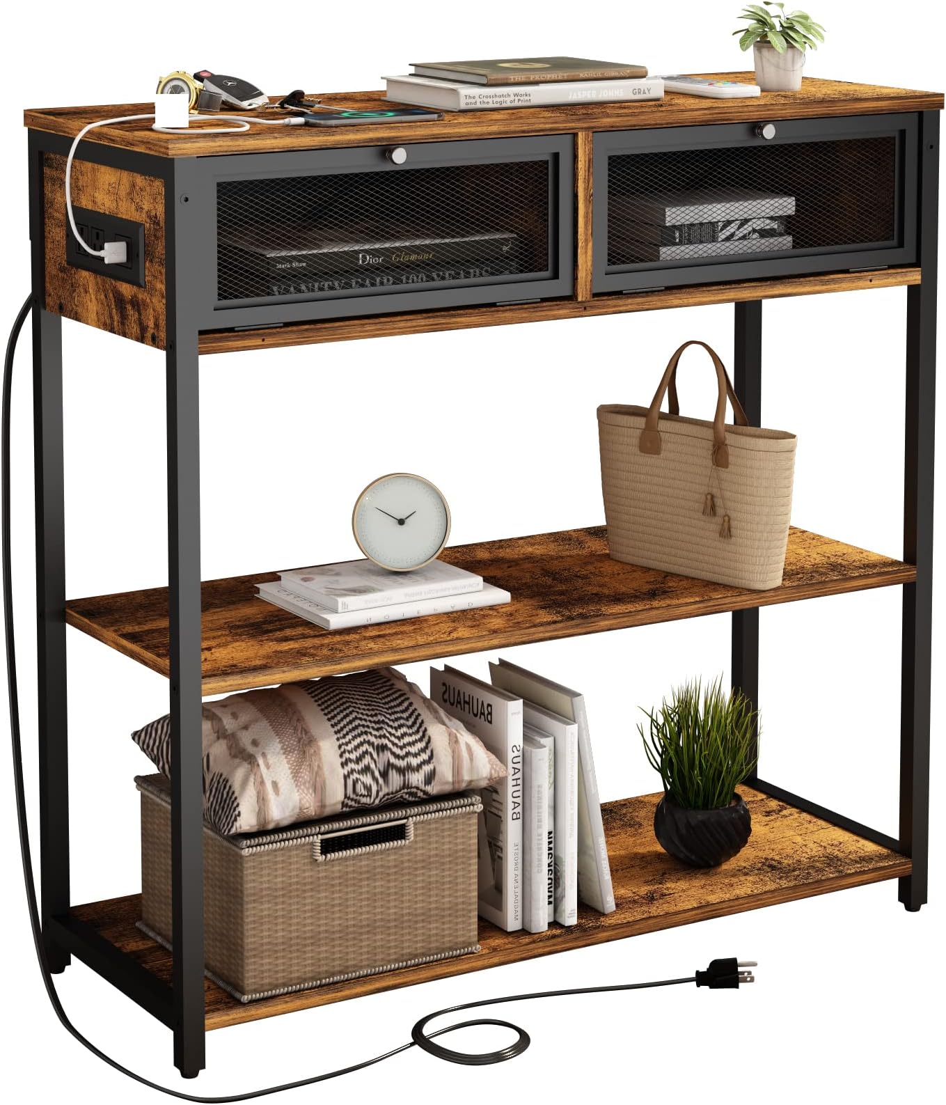 SOOWERY Console Table with Charging Station, 32' Entryway Table with Doors, Sofa Table Narrow Long with 3 Tiers Open Wood Storage Shelves, for Living Room, Entryway, Foyer, Brown