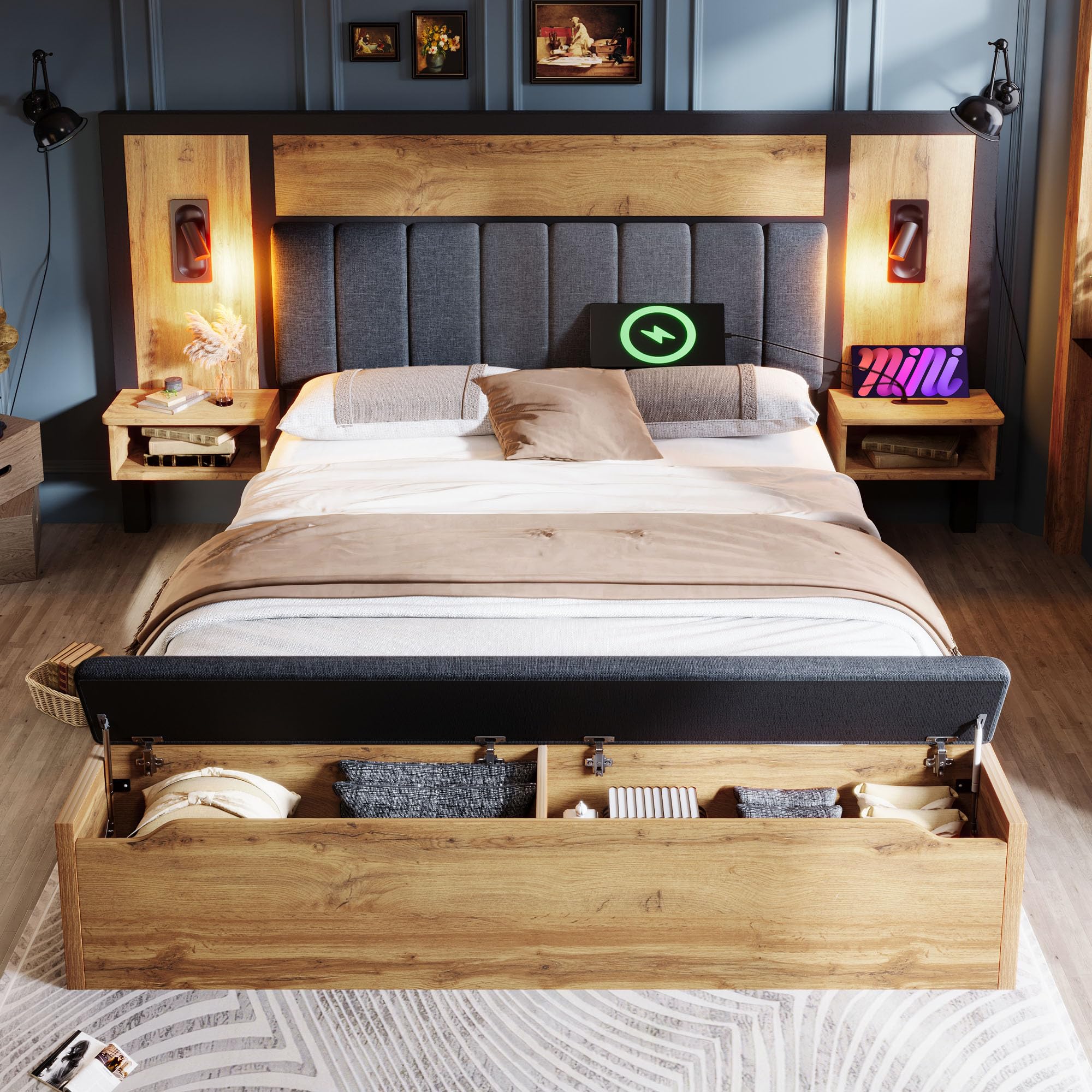 Kebnor Cama doble tapizada, cama con lámpara de lectura y mesita de noche USB C y banco con almacenamiento, estructura de cama con somier de metal, madera y lino, roble (sin colchón) (180 x 200 cm)
