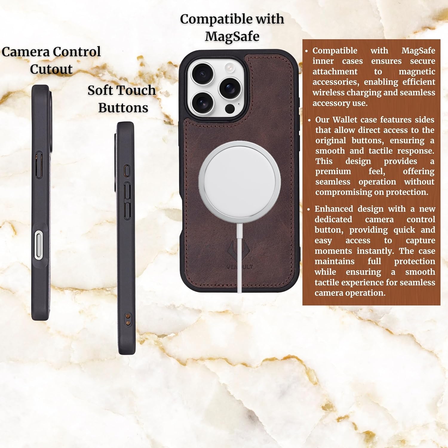 VENOULT Detachable Wallet Case for iPhone 16 Pro MAX 6.9" 4 Card Holder, Man or Women Detachable Folio Cover, Compatible with Magsafe, RFID, Full Grain Genuine Leather (Chocolate Brown)