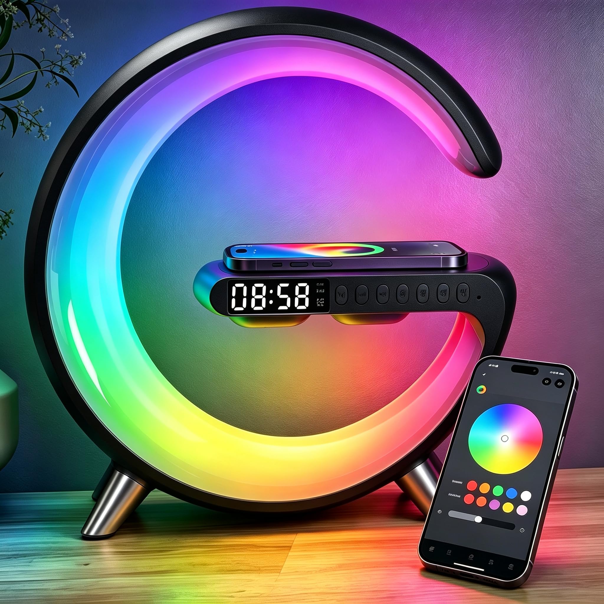 5 in 1 LED Table Lamp with Wireless Charging Bluetooth Speaker | App Controlled Night Light Alarm Clock for Christmas Birthday Gifts for Teens Adults Desk Office Bedroom Decor
