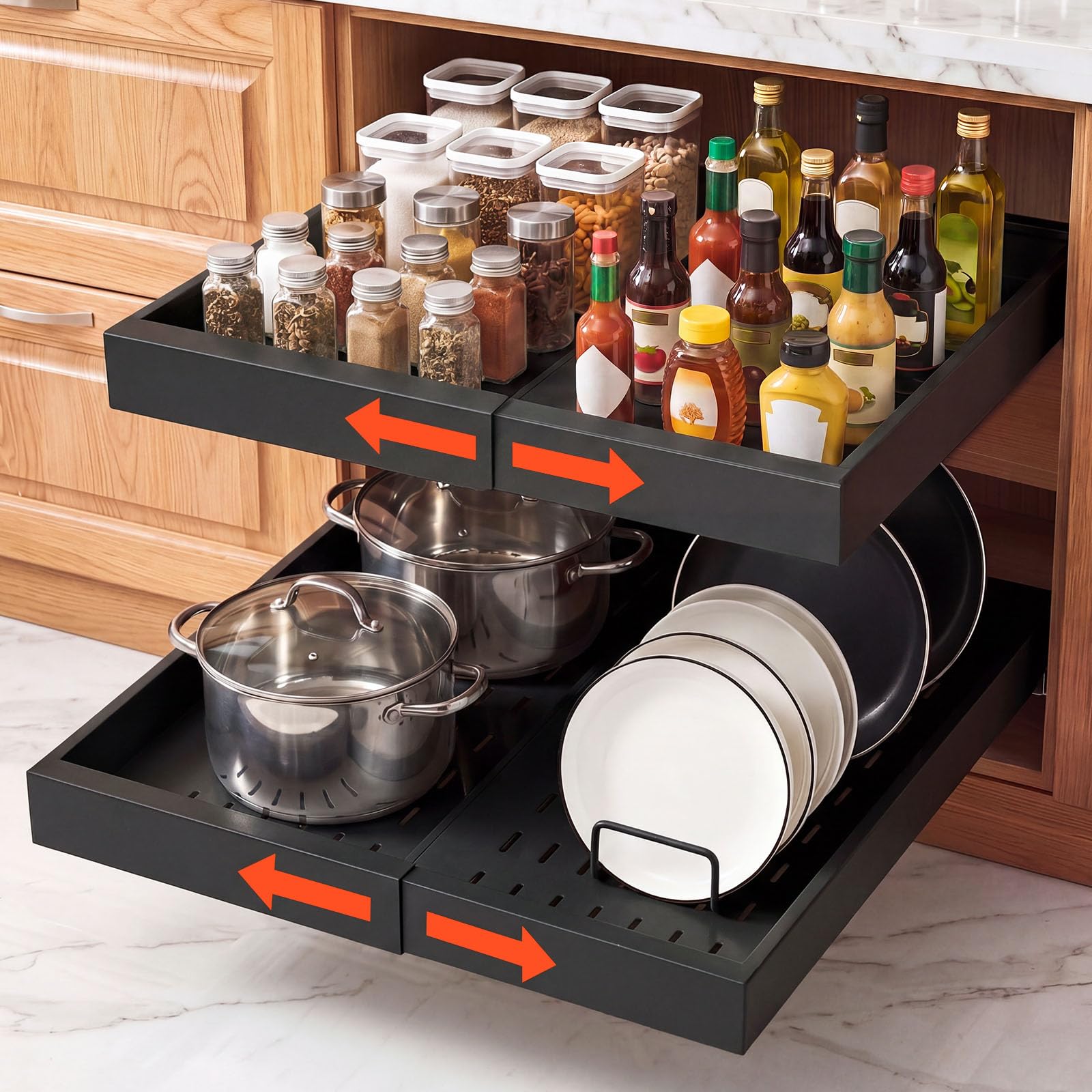 VEVOR Organizer Portaoggetti Estraibile Sottolavello, Cestello Estraibile Sotto Lavandino per Armadietto 2 pezzi Dimensioni 520 x 302 x 65 mm, Ripiano Scorrevole per Armadietti Cucina Bagno, Nero