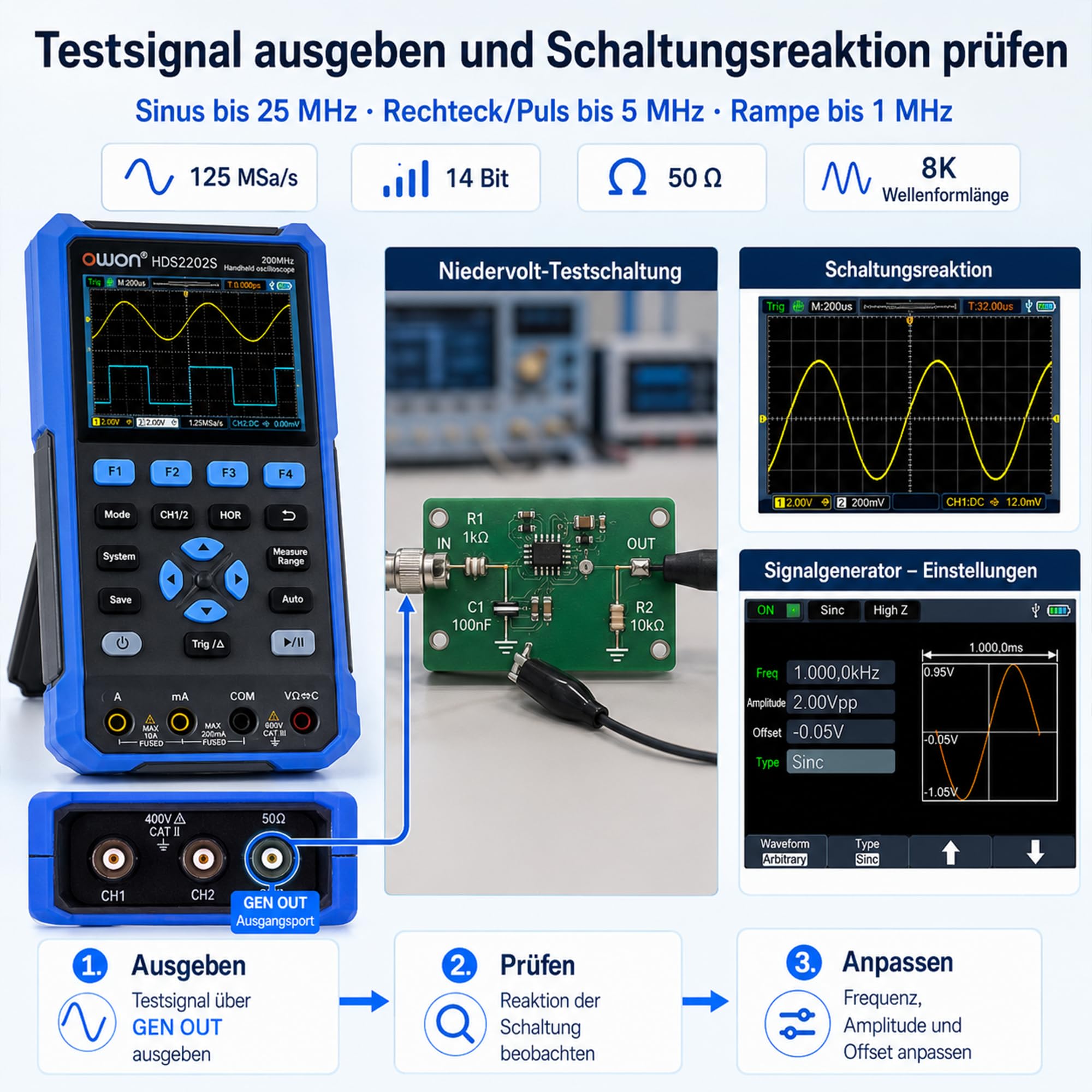 HDS2202S OWON Oszilloskop 3 in 1 Handoszilloskop 200MHz Bandbreite 1GS/s Abtastrate + 4 1/2 Stellen Multimeter+ 25MHz Signalgenerator 3,5" LCD mit einstellbarer Helligkeit