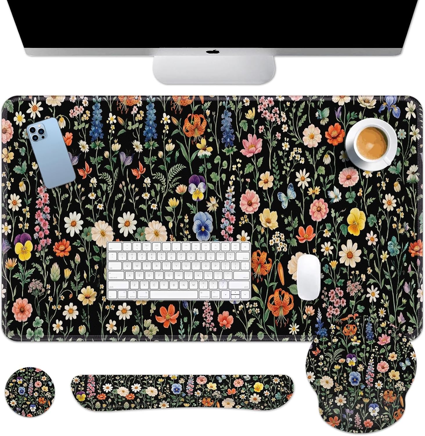 Britimes Black Florals Keyboard Mouse Pad Set Colorful Wildflowers 4in1 Large Mousepad+Keyboard Wrist Rest+Mouse Wrist Rest+Coaster Ergonomic Design for Home Office Computer 35.4x15.7 inches