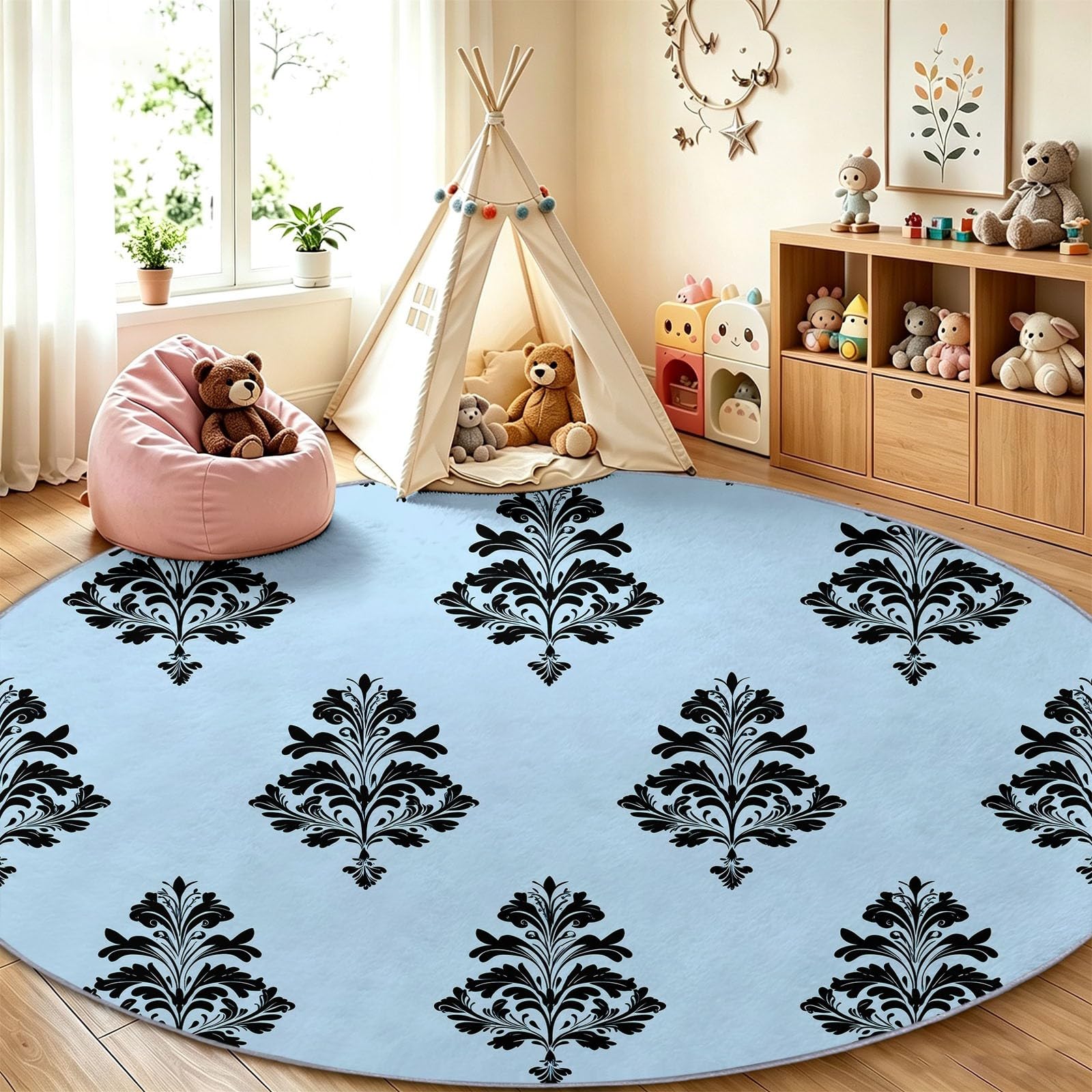 Tapis rond bleu 80 cm motif damas baroque lavable et doux