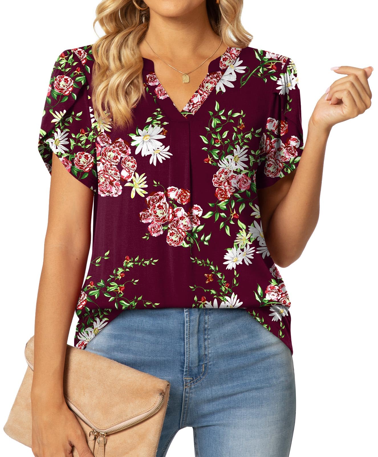 Aodemo Womens Summer Dressy Casual Blouse Petal Short Sleeve Tunic Tops Business Ladies Work Shirts