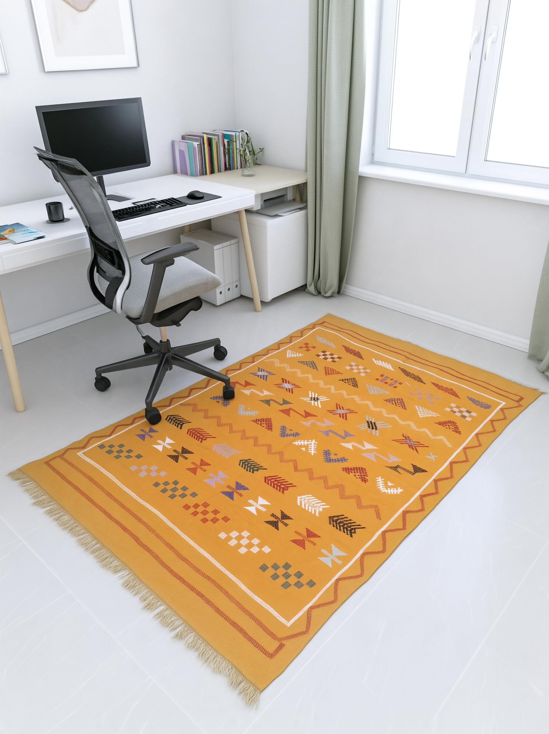 Tapis Berbère Marocain Orange Ocre - Tapis Kilim Tissé Motifs Ethniques Multicolores - Tapis Fait Main Franges - Style Boho Chic pour Salon, Chambre, Couloir, Entrée