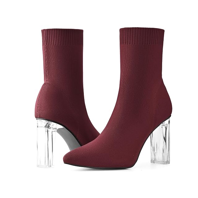 ShoeN Tale Womens Knit Sock Ankle Boots Pointed Toe Clear Mid Heel Slip-on Stretch Booties Shoes