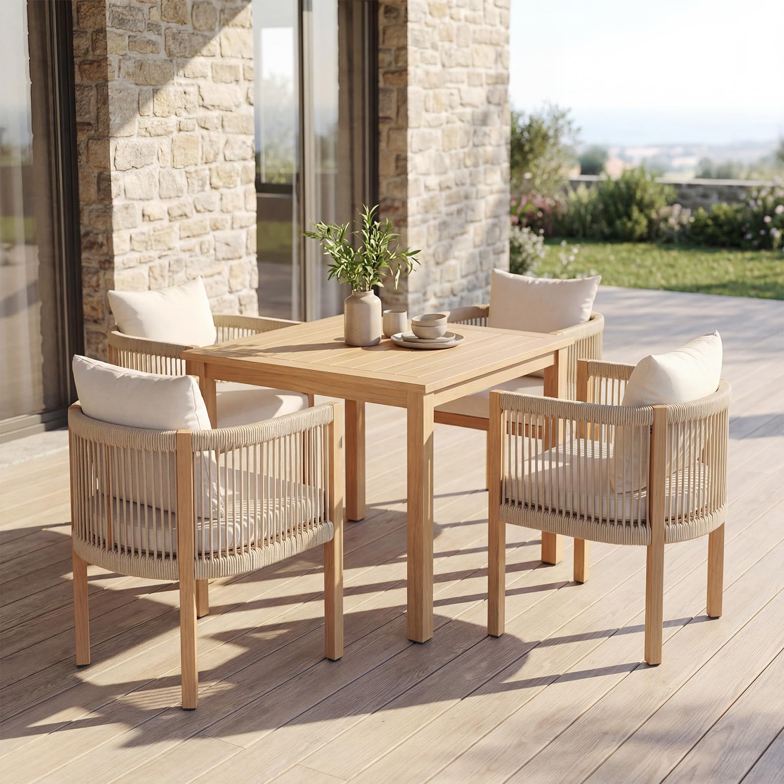 Ya-Home Juego de 2 Sillas Jardín Exterior con Brazos,Beige | Nórdico, Impermeable, Respaldo PE Trenzado, Estructura Metálica Acabado Madera, Cremalleras, para Terraza/Jardín/Interior