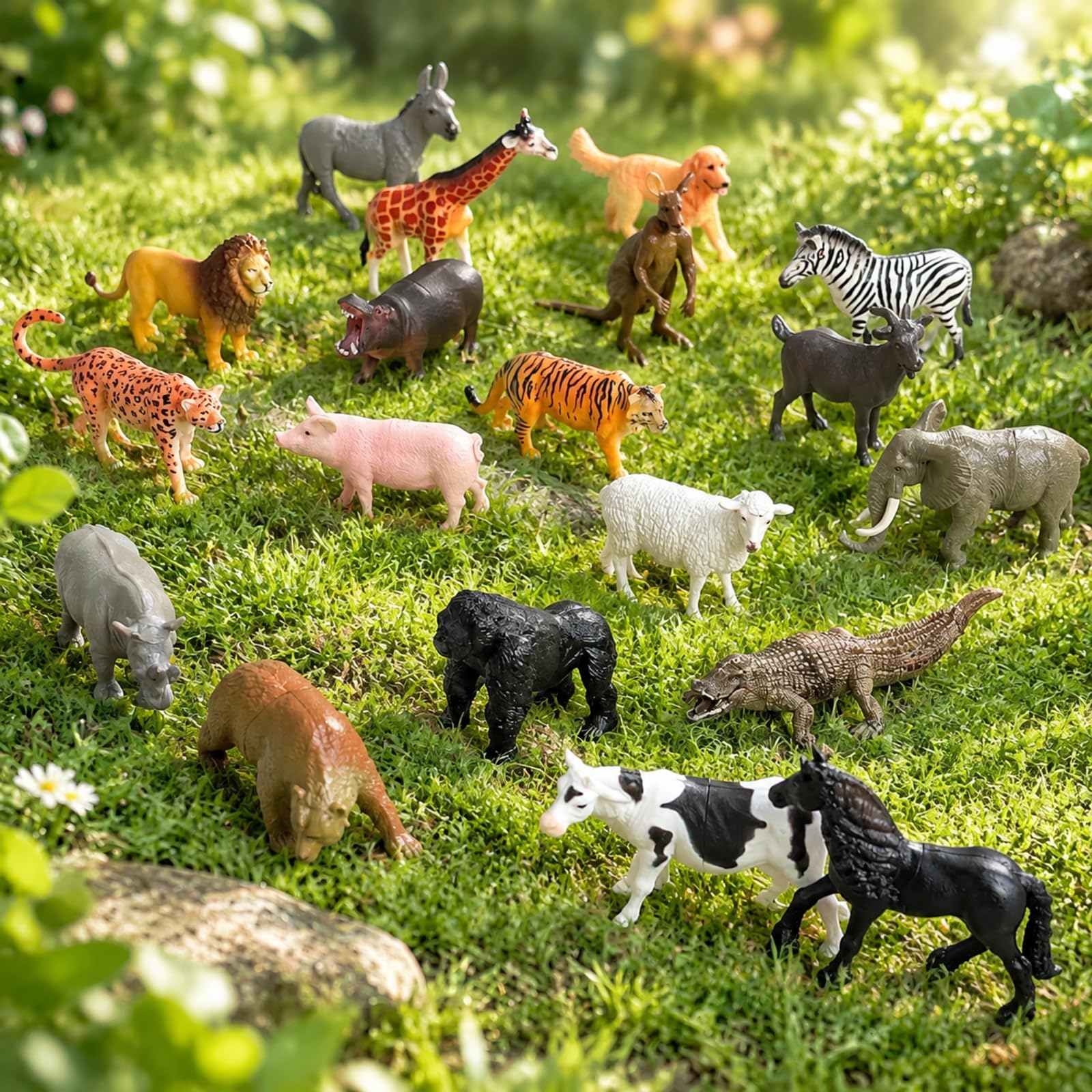 19 Pezzi Set di Modellini di Animali con Secchio Portaoggetti Portatile Giocattoli Animali da Fattoria in Plastica Realistici per Bambini, Aperto
