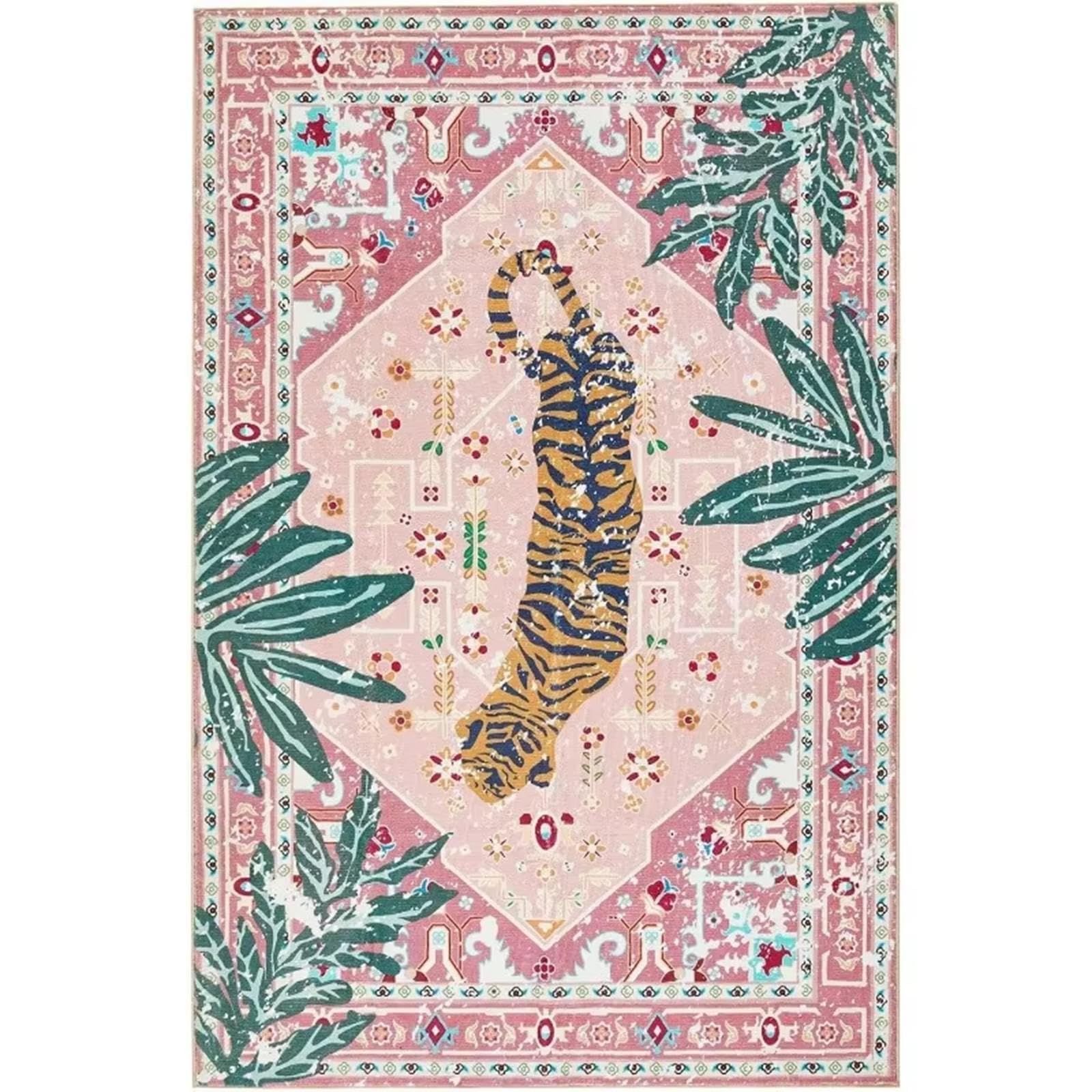Tapis bohème 180 x 280 cm - Joli tigre rose - Tapis d'intérieur en fausse laine - Antidérapant et lavable - Tapis de sol à poils courts pour chambre d'enfant, chambre à coucher, salle de bain