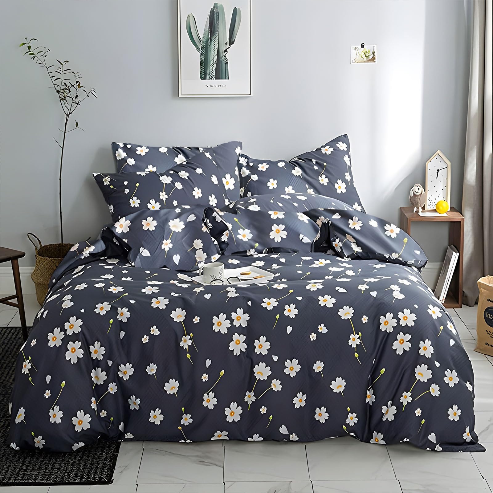 EAVD Botanical Daisy Floral Comforter Set Queen Soft Microfiber Garden Daisy Flower Bedding Set with 2 Pillowcases Aesthetic Reversible Comforter Set for All-Season