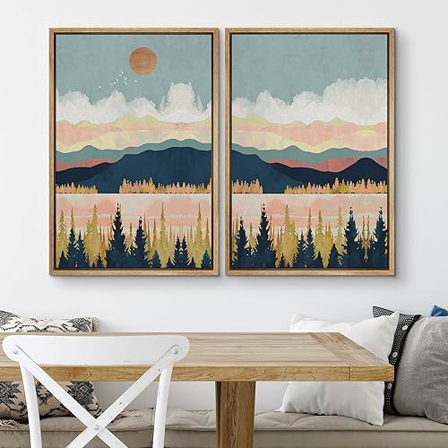 Miniatura 2 de SIGNWIN Lienzo enmarcado para pared, juego de arte geométrico de montaña rosa pastel azul paisaje de naturaleza silvestre, ilustraciones de arte