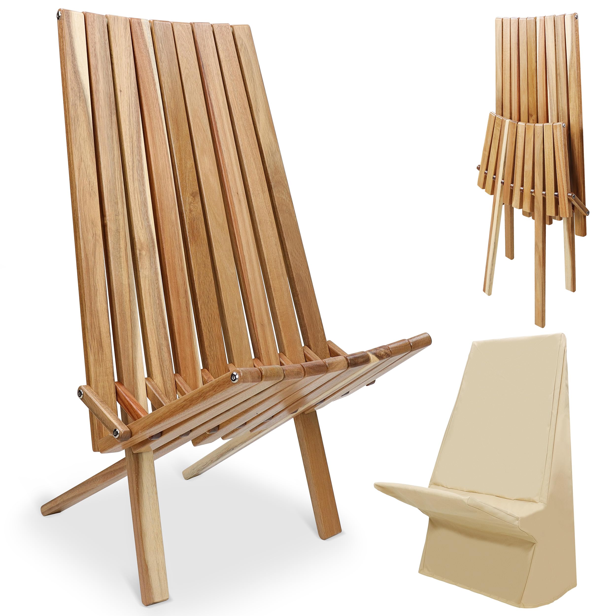 Outdoor Chair 1pk - 250 Pound Max Sling Indoor Outdoor Wooden Folding Chairs for Deck, Garden, Lawn or Dining - Acacia Wood Adirondack Campfire Low Chair with Cover