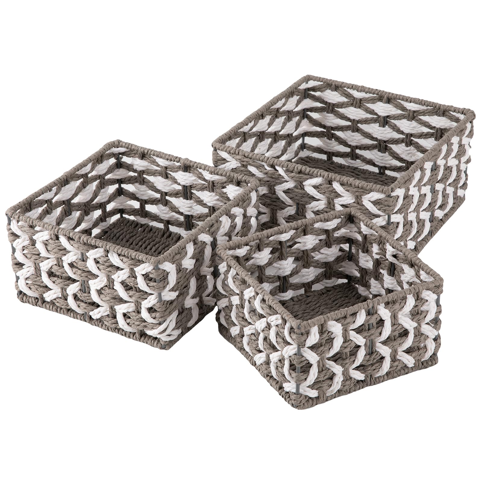 OIAHOMY Regalkörbe Papierseil Aufbewahrungskörbe, handgewebte Weidenkörbe für Zuhause, 3er-Set, Grau & Weiß