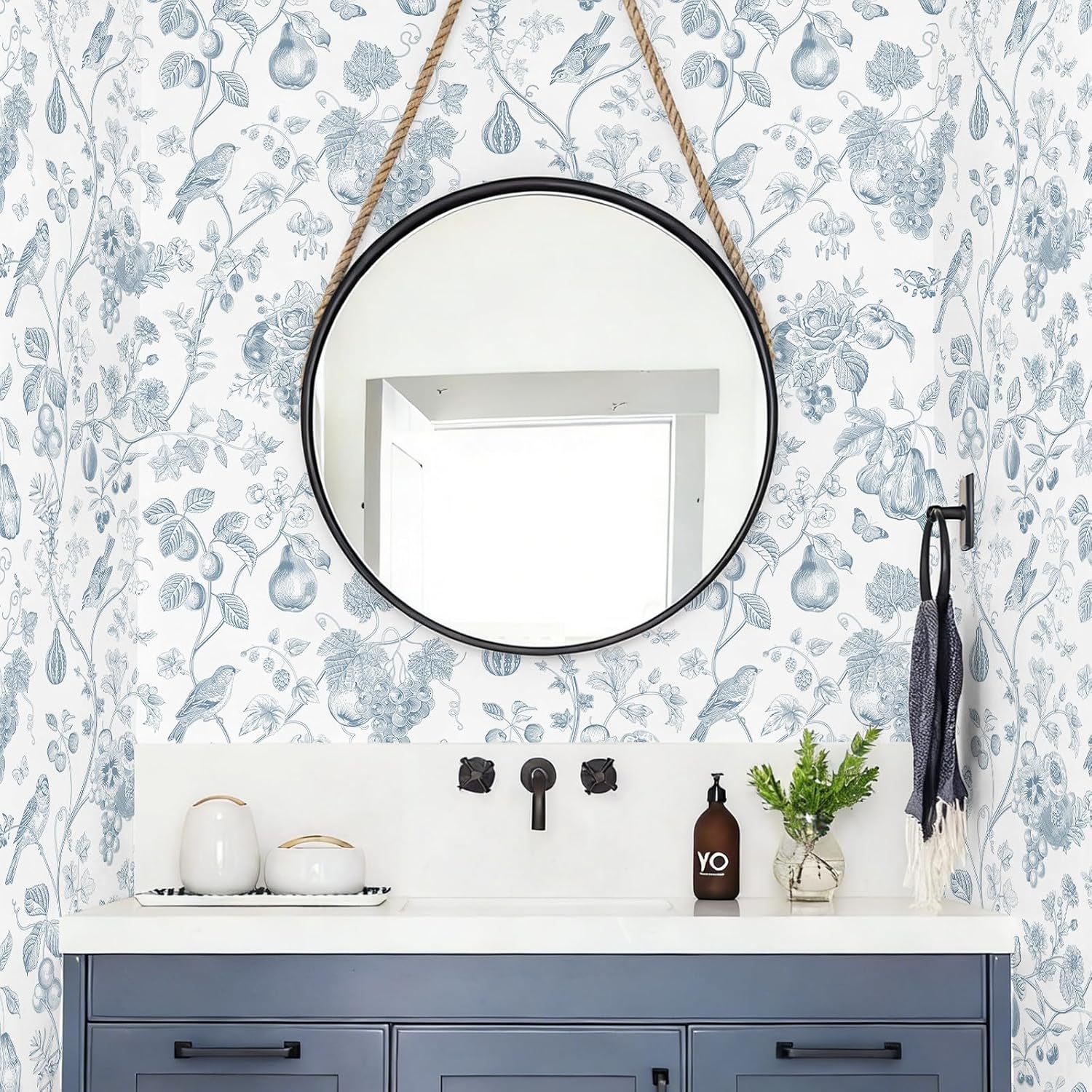 VEELIKE Vintage Chinoiserie Bird Wallpaper Peel and Stick Cottage Blue Toile Wallpaper for Bedroom Nursery 17.7''x354'' Removable Fruit Wall Paper Self Adhesive Contact Paper for Cabinets Shelves Wall