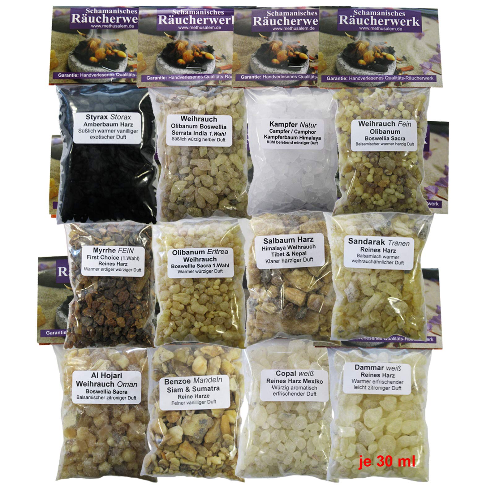 12x Räucherwerk WEIHRAUCH + BOSWELLIA + MYRRHE + AL HOJARI + OLIBANUM + KOPALHARZ + STYRAX uvm. 16-tlg RÄUCHERSORTIMENT zum räuchern. 81900-2A (12er Set mit Zubehör & 10cm Keramik Räucherschale)