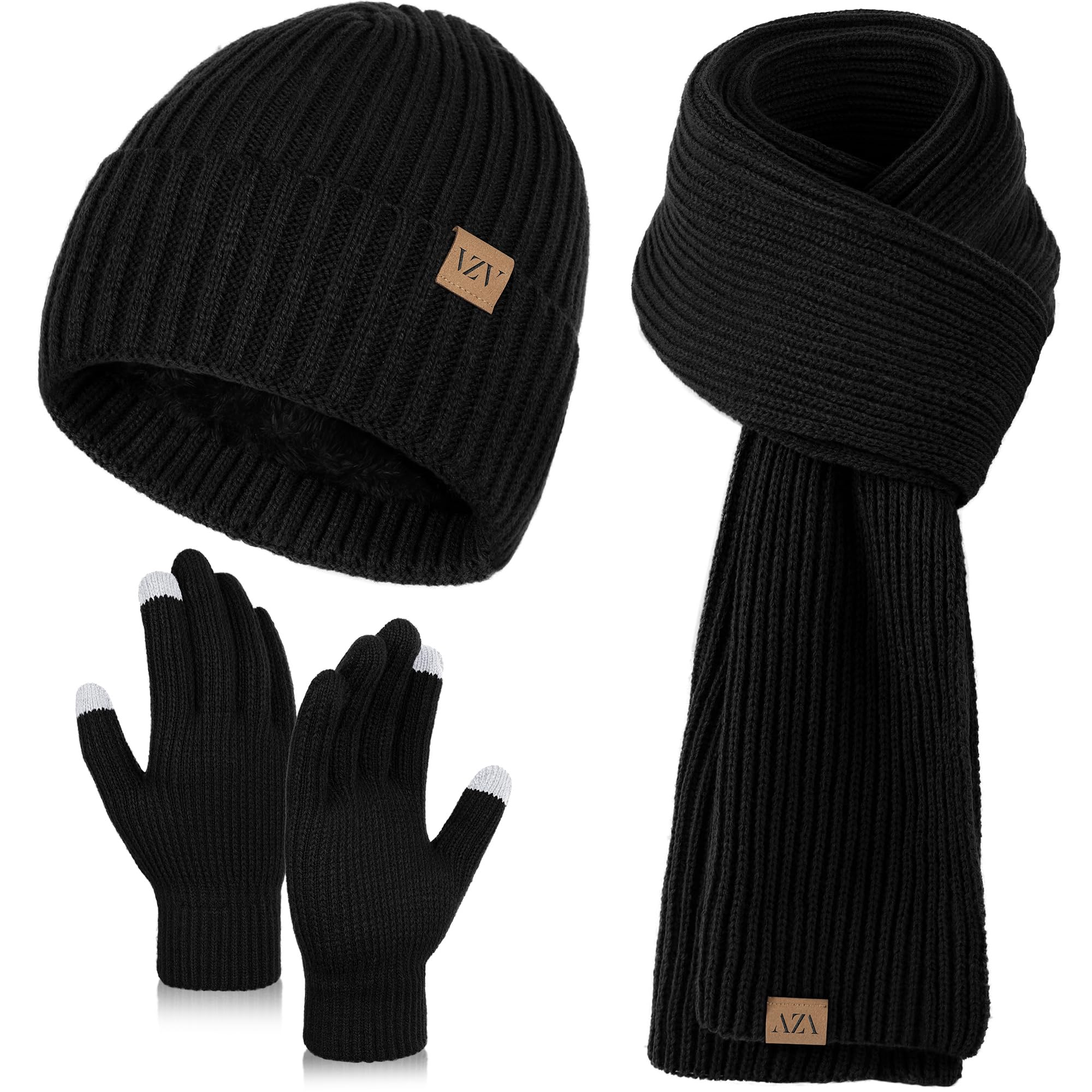 VZV Wintermütze, Schal, Handschuhe-Set: Warme Strickmütze, Touchscreen-Handschuhe, Langer Strickschal, Wintergeschenke für Herren, 3-teiliges