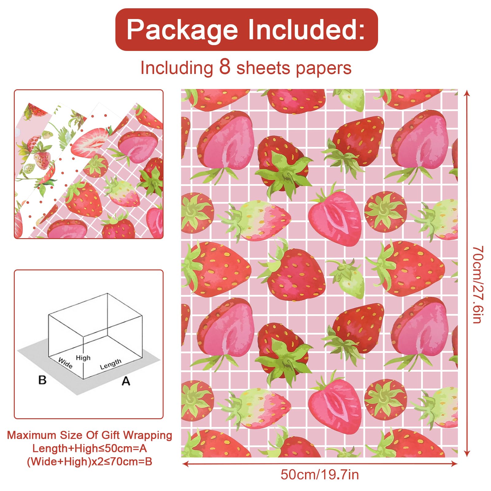 6 fogli di carta da regalo - Fragole - Tartan rosa e bianco