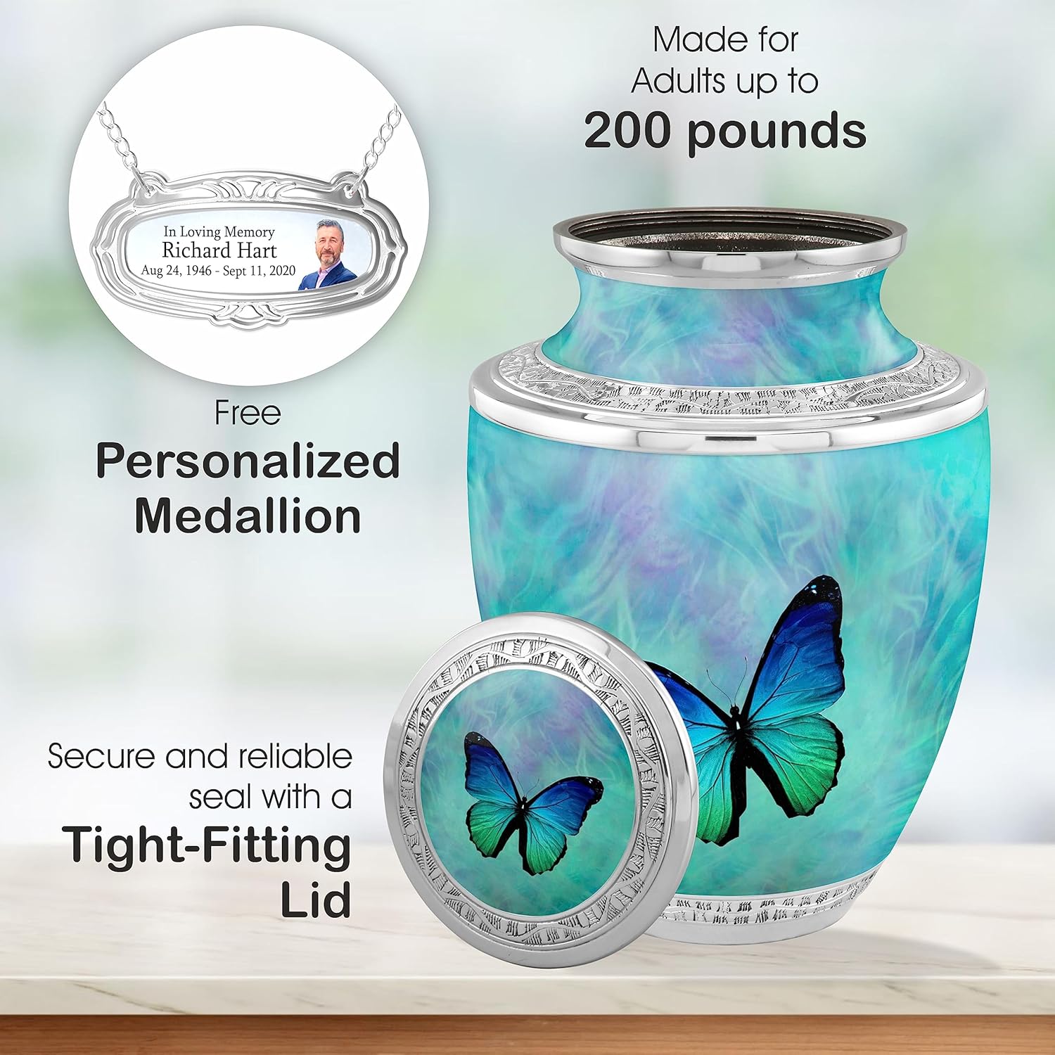 Personalized Medallion Butterfly Freedom Cremation Urns for Adult Ashes Male Female - 200lbs Burial Urns for Human Ashes - Handcrafted Funeral Decorative Urns for Ashes Adult Male with Velvet Bag