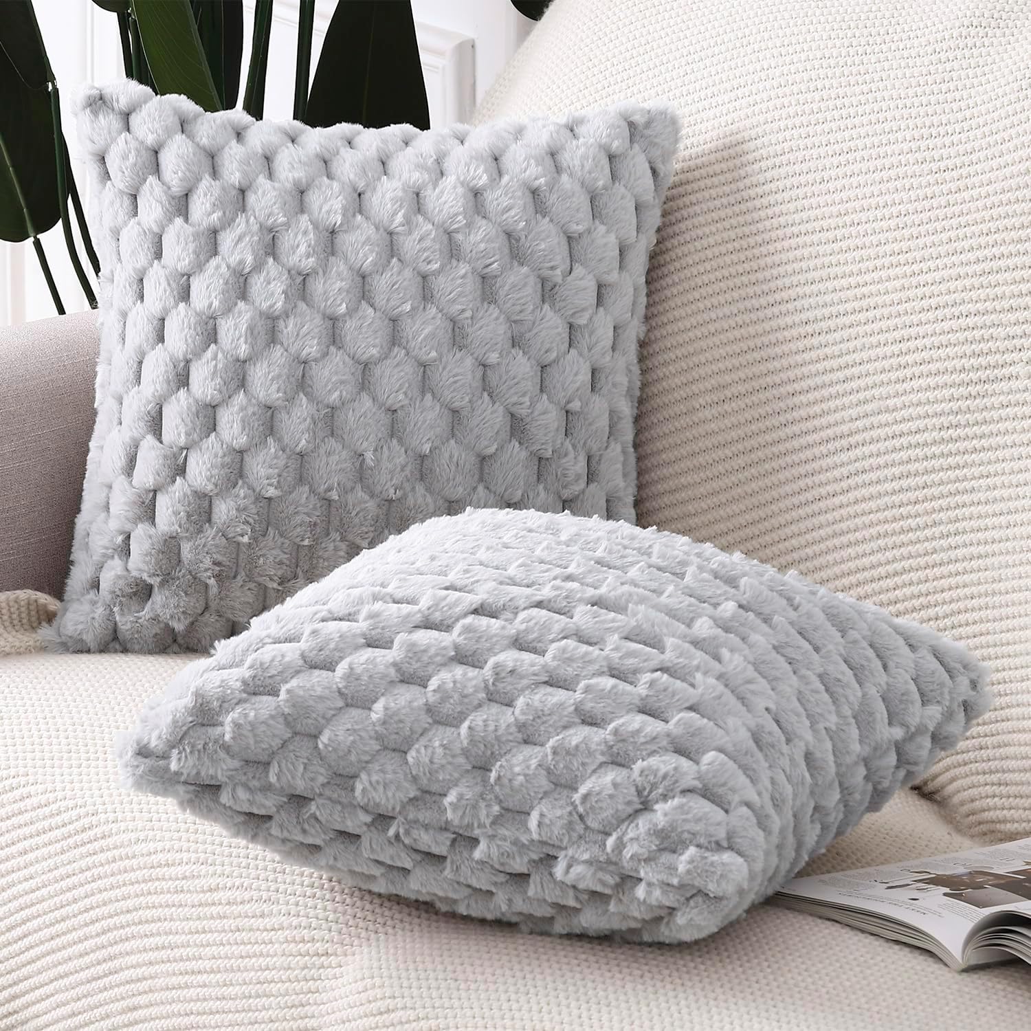 MADIZZ Faux Wool Light Grey Throw Pillow Covers 26x26 InchSet of 2 Super Soft Boho Pillow Covers Decorative Textured Throw Pillowcases Modern Farmhouse Home Decor for Sofa Bedroom