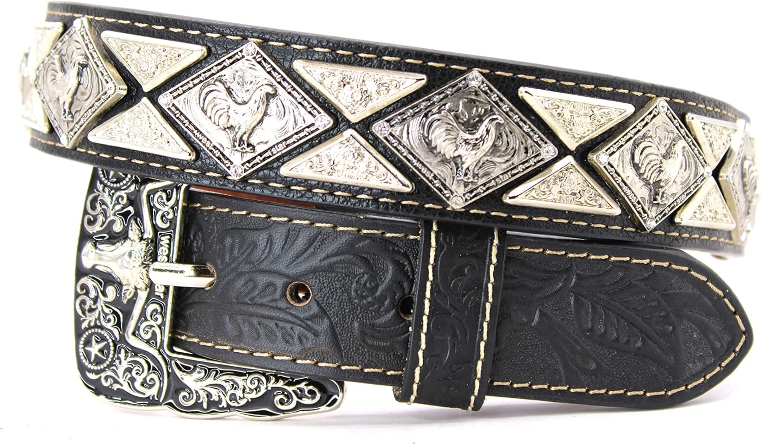 Mens Western Concho Leather Belt Longhorn Horse Rooster Sheriff Hardware Cowboy Belt