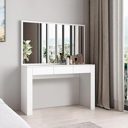 Furnilife Dressing Table with Mirror and 3 Drawers for Bedroom -White Color(WxHxD): 118x142x39cm, Suitable for Bedroom, Laundry Room, Closet, etc.