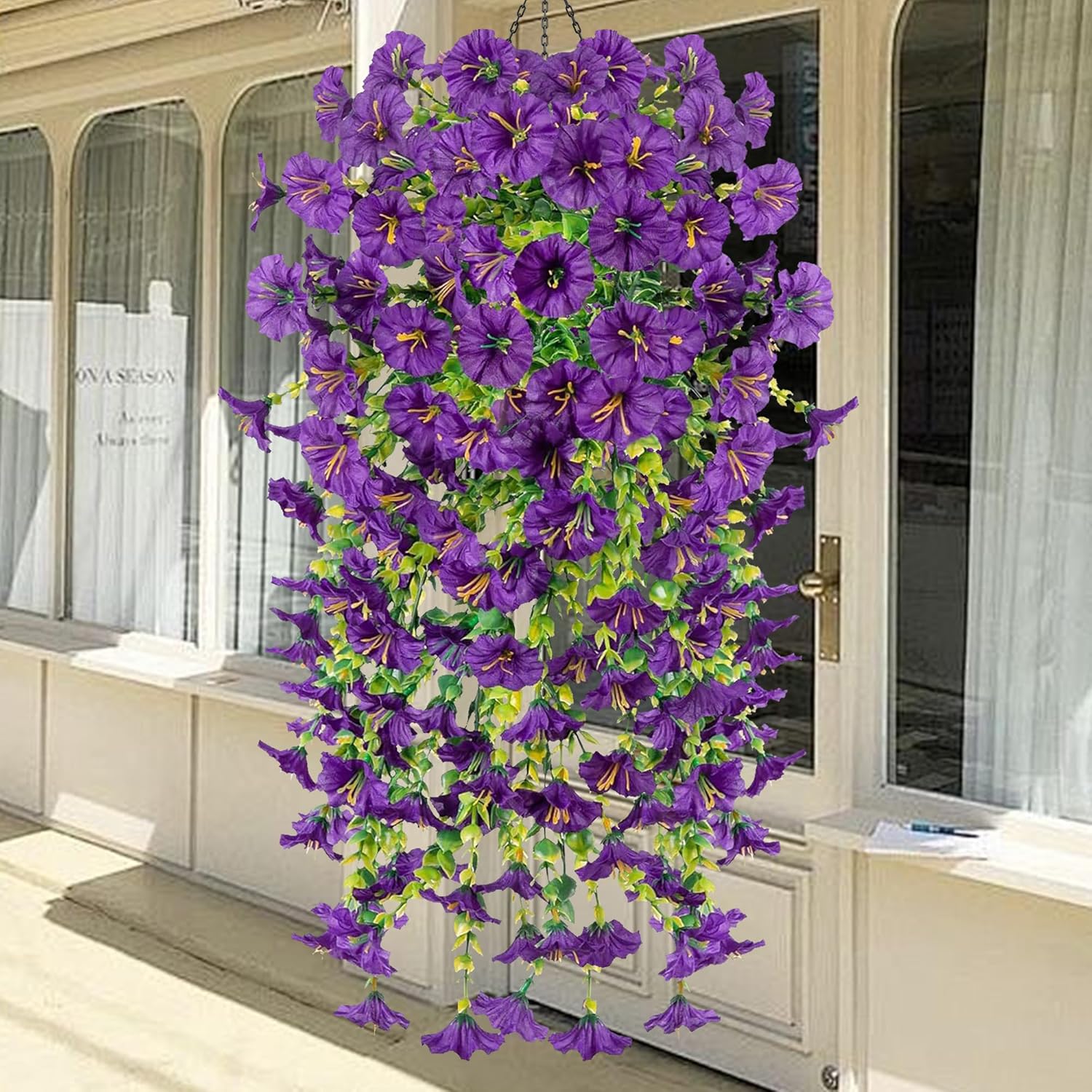 4 Pcs Fake Petunias Hanging Plants Artificial Flowers for Outdoors, Large Bushy Silk Petunia Faux Flowers Look Real Trailing Vines UV Resistant Faux Plants for Outdoor Planters (4 Purple)