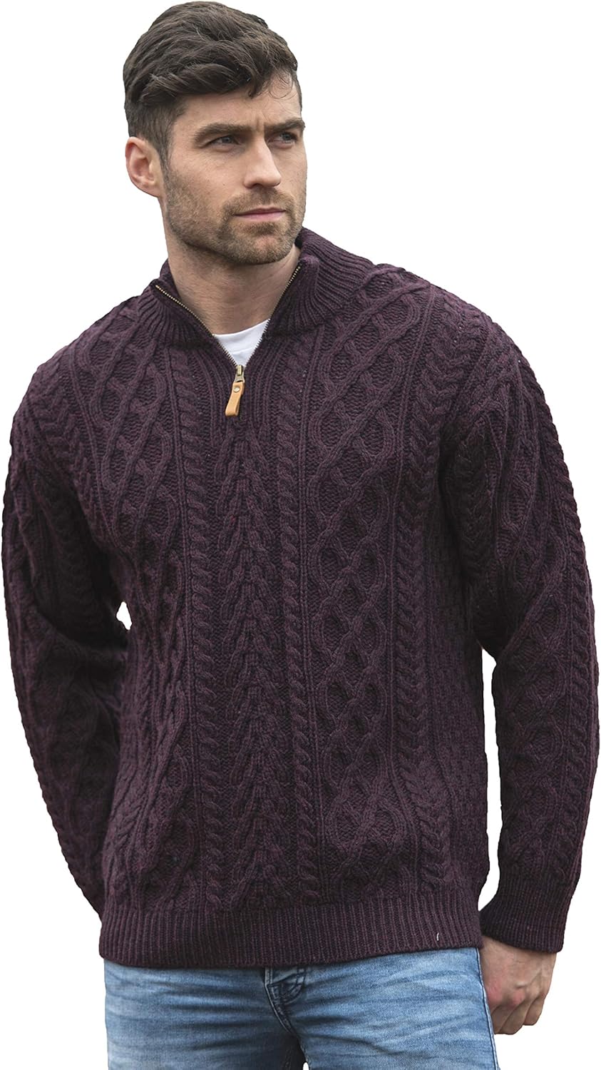 Aran Crafts Men's Irish Soft Cable Knitted Zip Neck Jacket (100% Merino Wool)