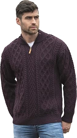 Aran Crafts Men's Irish Soft Cable Knitted Zip Neck Jacket 100% Merino Wool