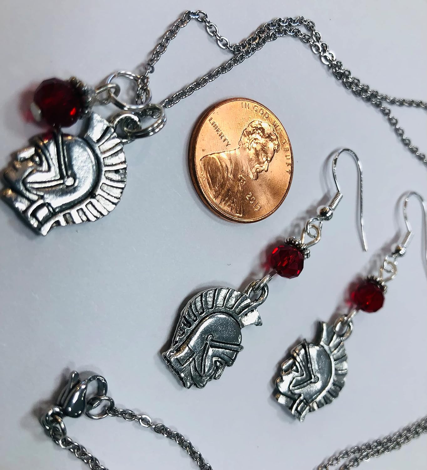 Spartan or Gladiator Earring and Necklace Set with red crystal faceted accent beads, on sterling silver earwires - Image 3