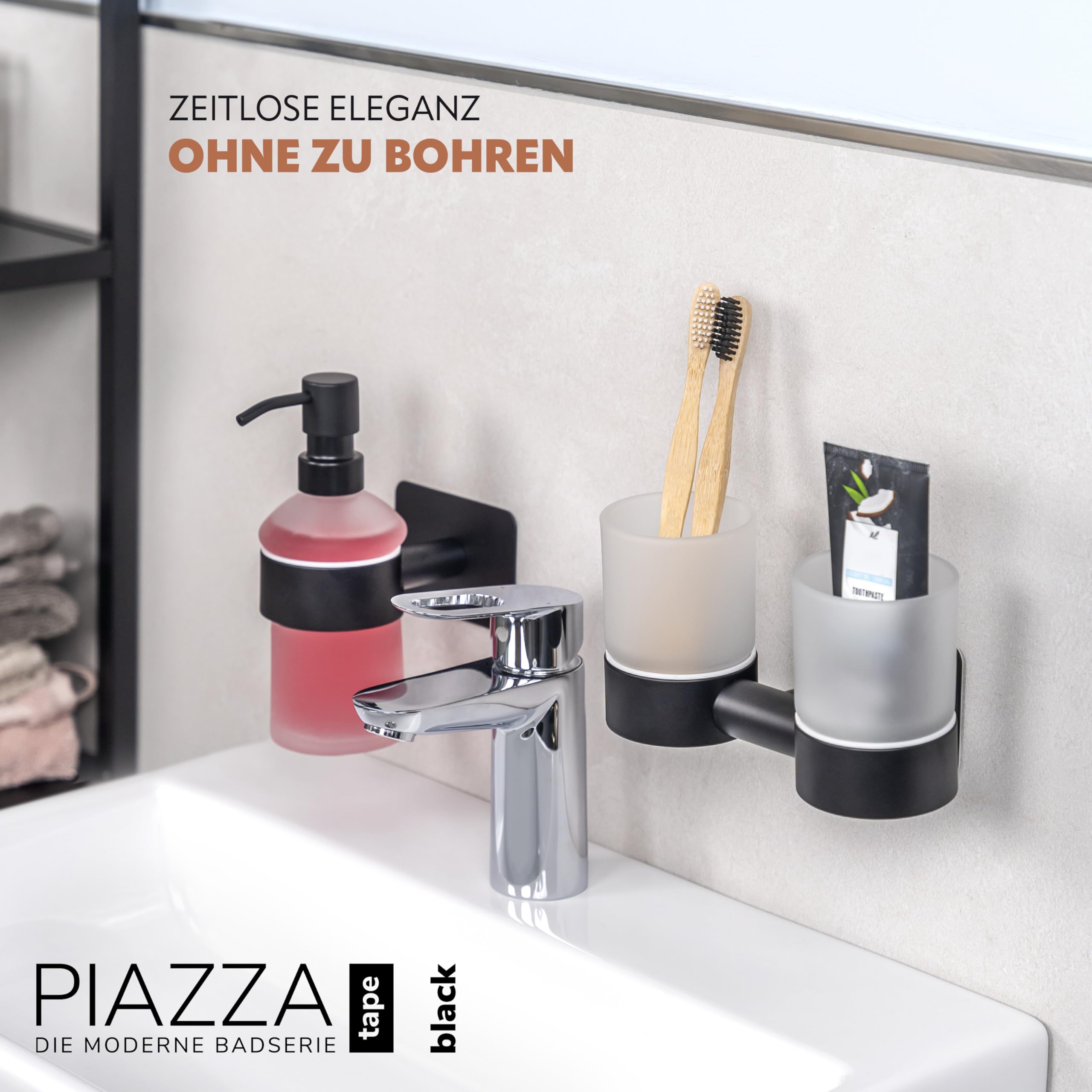 Bremermann Serie Bagno Piazza Tape - Porta Spazzolini Doppio Con Bicchiere In Vetro E Portasapone, Acciaio Inox, Fissaggio Adesivo 3M