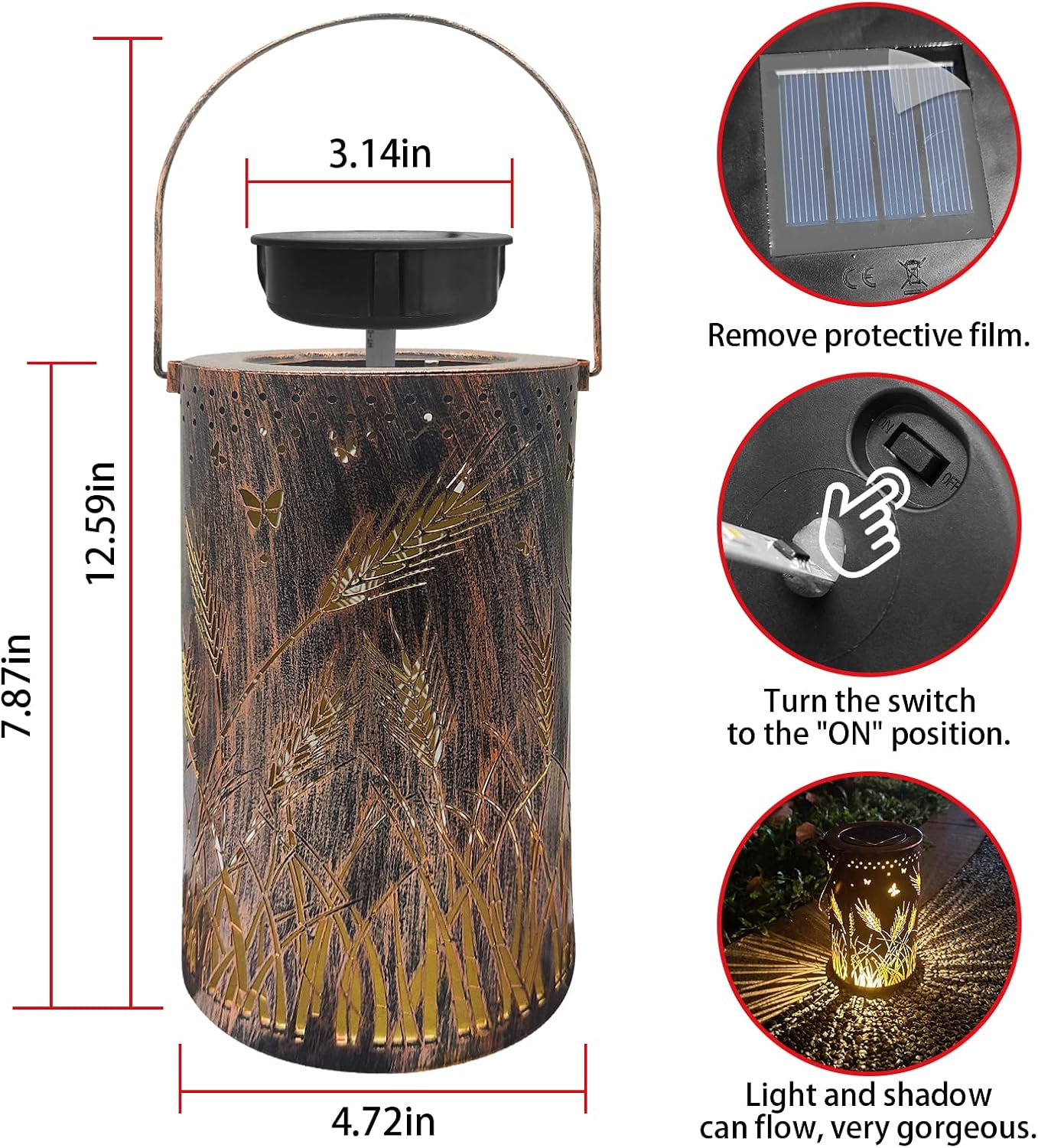 Solar Lanterns Outdoor Waterproof, Metal Dragonfly Solar Lights Decorative Table Lights Solar Hanging Lantern Garden Lights for Patio Yard Landscape Pathway Camping (Wheat Ear)
