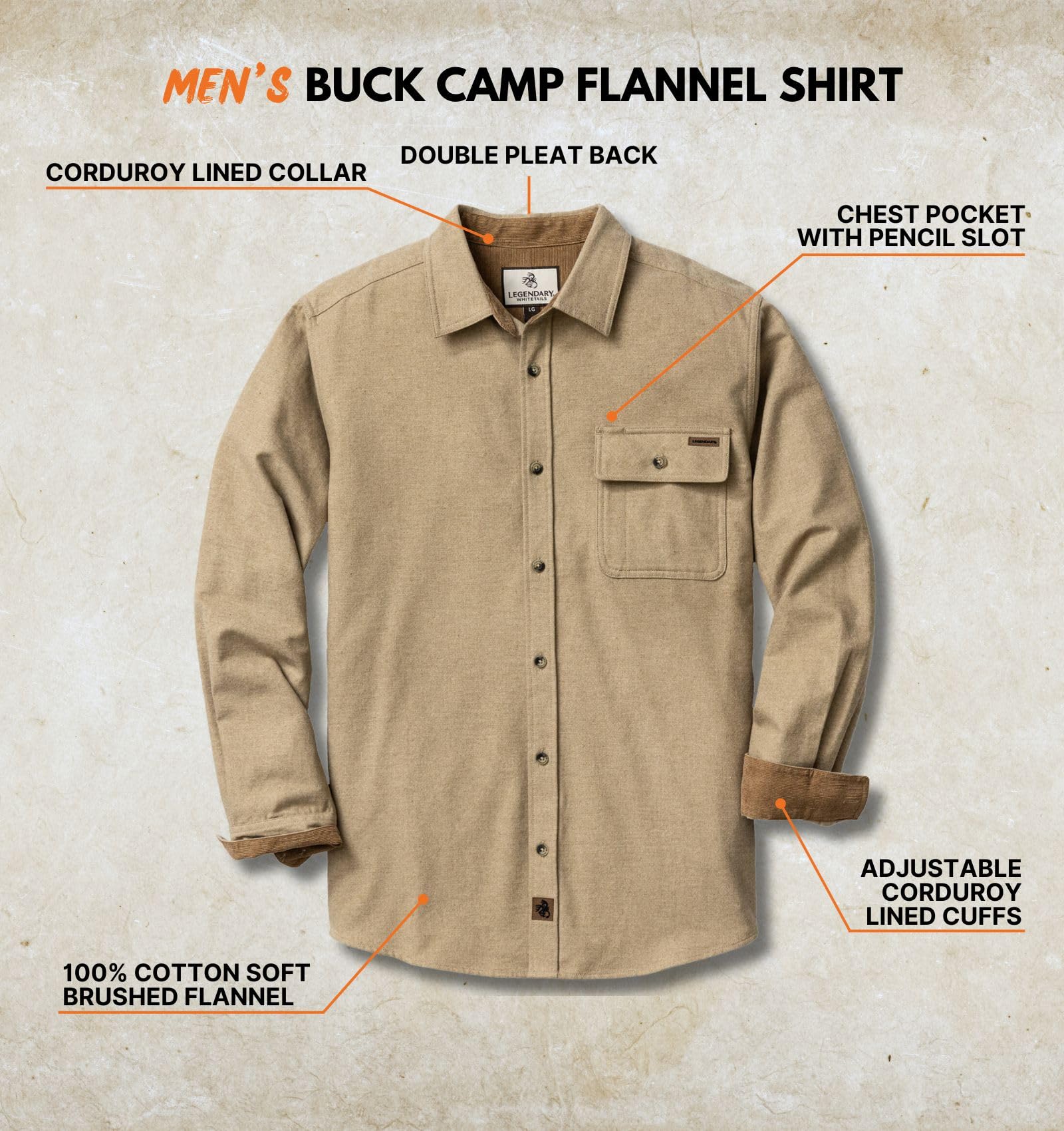 Legendary Whitetails Camisa de Franela Buck Camp para Hombre, Manga Larga, con Botones, Estilo Casual, puños de Pana, Color Arena Jaspeado, Talla L, Arena Jaspeada, L