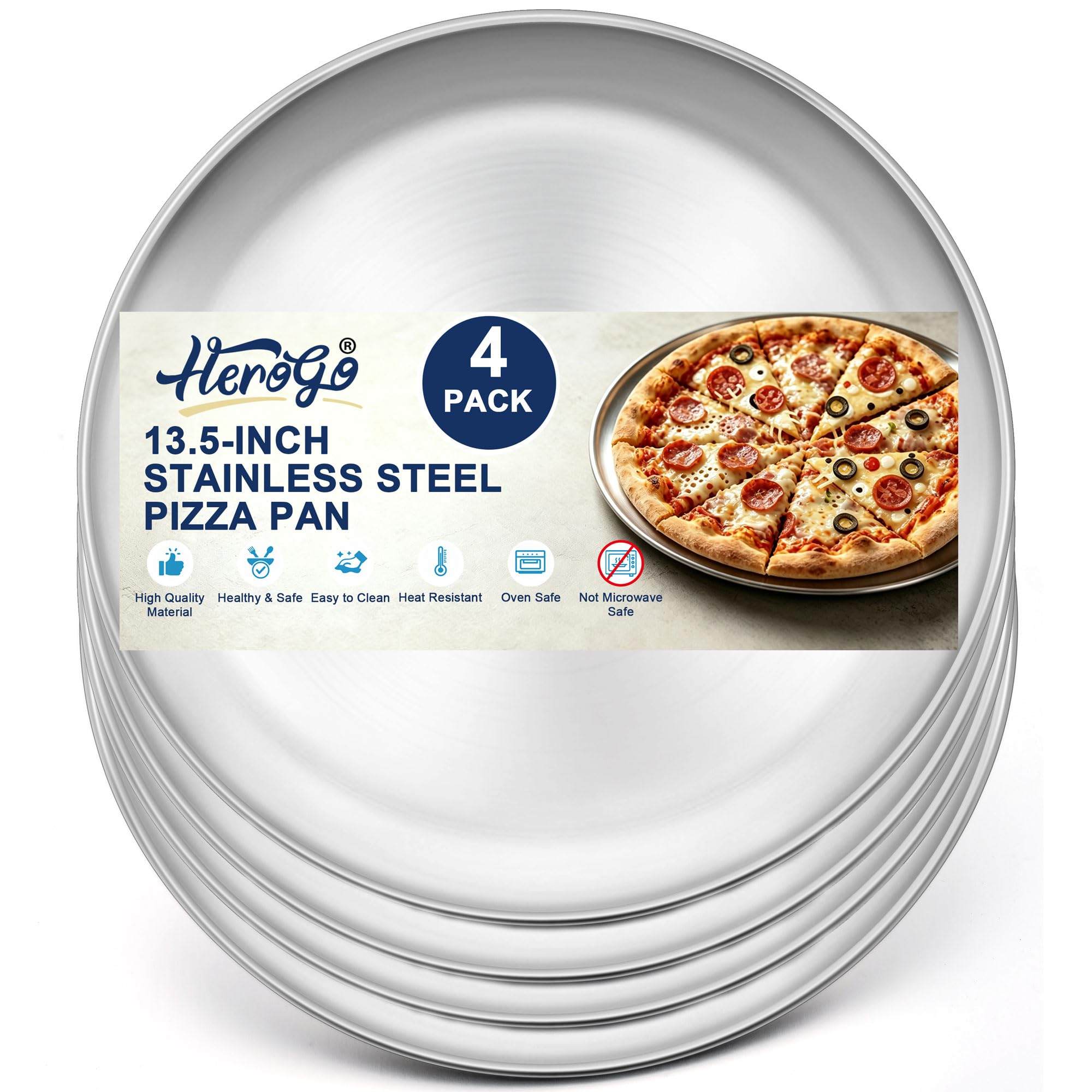 Herogo Runde Pizzablech aus Edelstahl, 34,9 cm, 4 Stück, große gesunde Pizzablechplatte für Backofen, Backen, Servieren, spülmaschinenfest