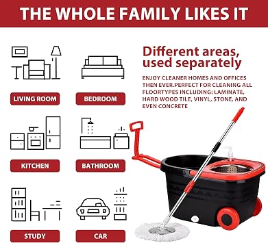 Spin Mop and Bucket Set, 360 Spinning Mop Bucket System with 3 Microfiber Mop Heads, Mop and Bucket Set with Wheels for Home and Office (Black)