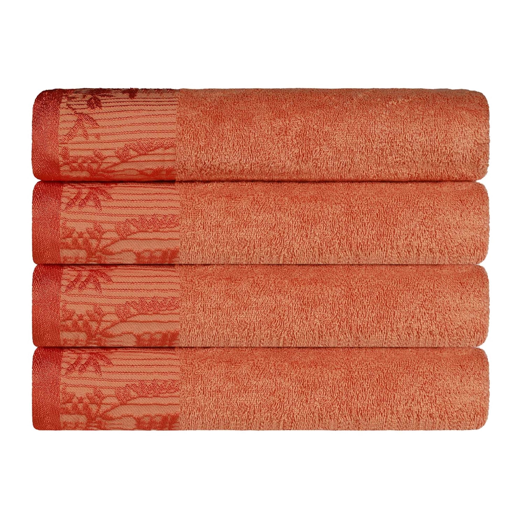 Superior Cotton Bath Towels (Set of 4), Floral Jacquard Dobby Border, Body Towel for Bathroom, Bath, Spa, Resort, Hotel, Airbnb, Home Essentials, Adult and Kids, Wisteria Collection, Mandarin Orange