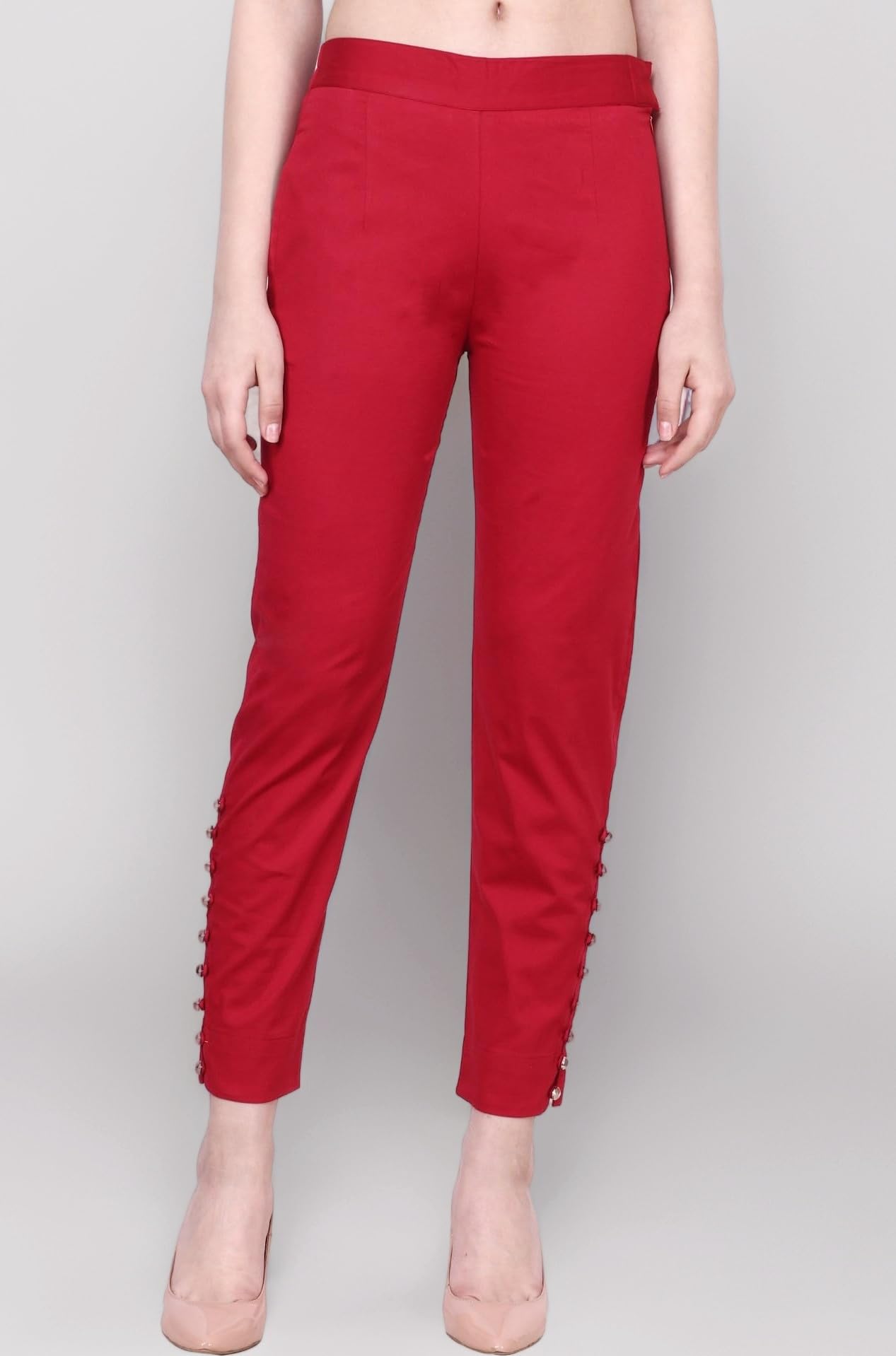 Women Casual Mid Rise Stretchable Red Cotton Trouser