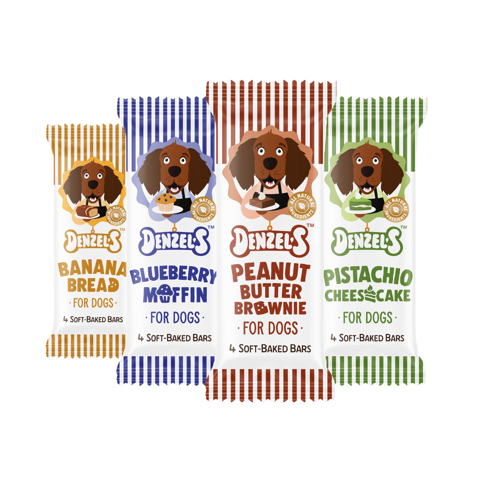 Denzel's All Natural Dog Treats - Soft Baked Bars - Variety Pack (4 x 60g), 1 count (Pack of 4)