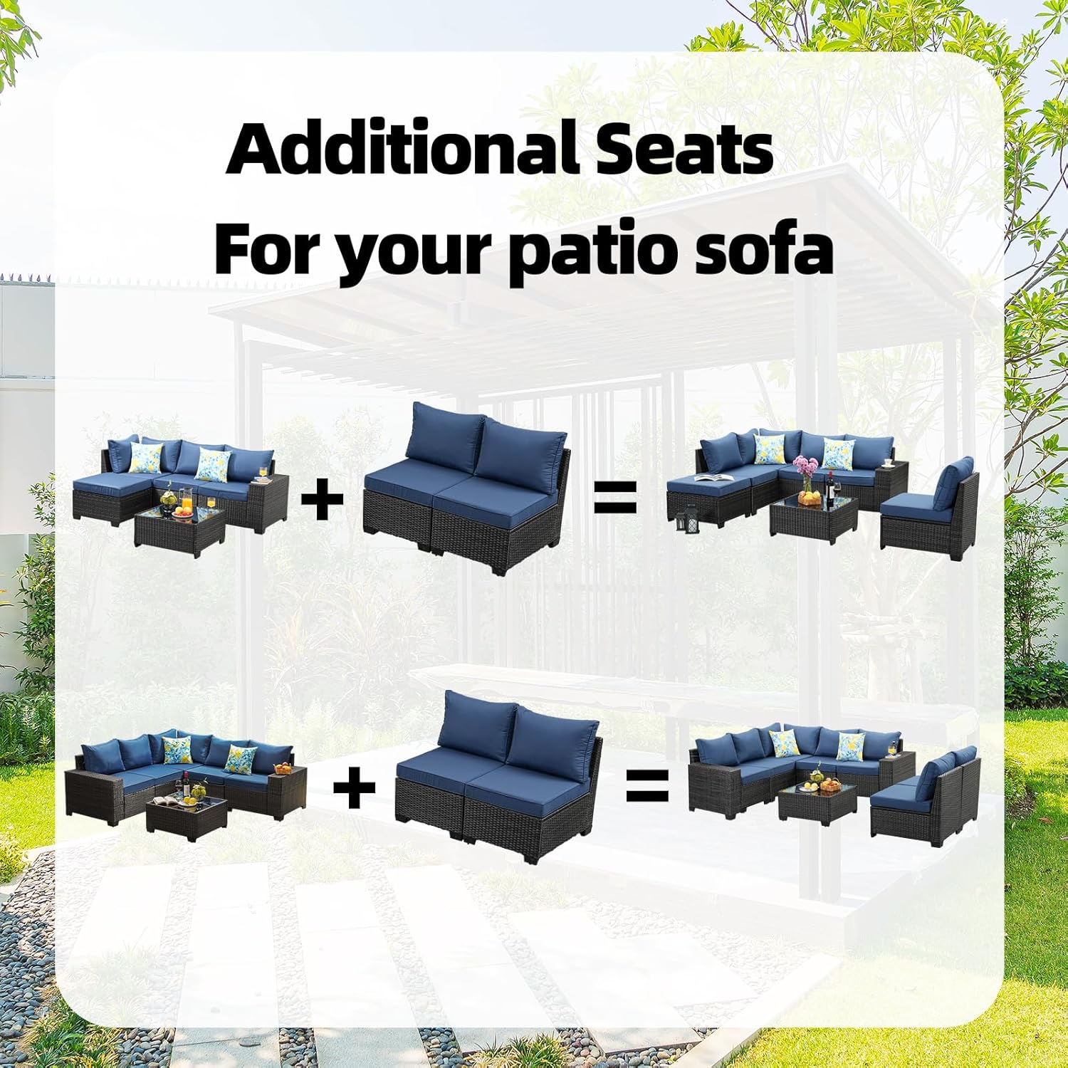 JOYURE 2 Piece Outdoor Wicker Armless Sofa，Patio Rattan Sectional Sofa Set w/2 Thick Seat Cushions and 2 Back Cushions, Additional Love Seats for Balcony Garden Patio Poolside,Navy