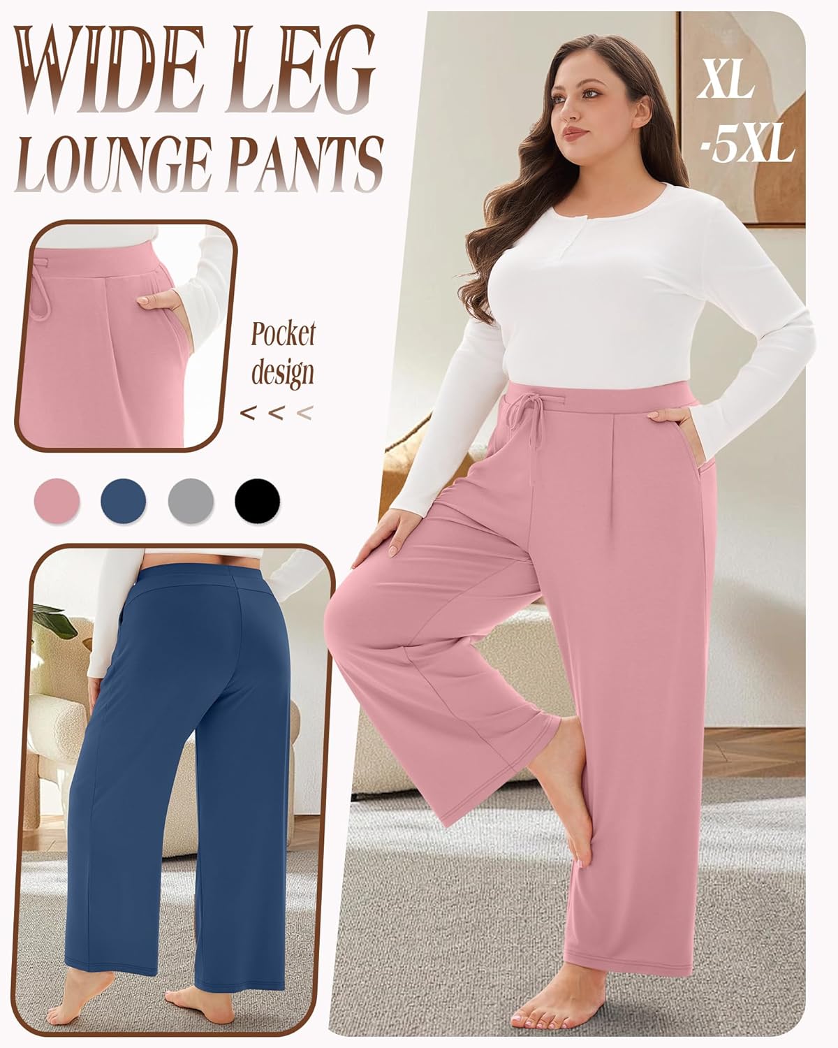 4 Pack Women's Plus Size Pants, Wide Leg Lounge Pants Drawstring Yoga Sweatpants Casual Workout Joggers with Pockets - Image 5