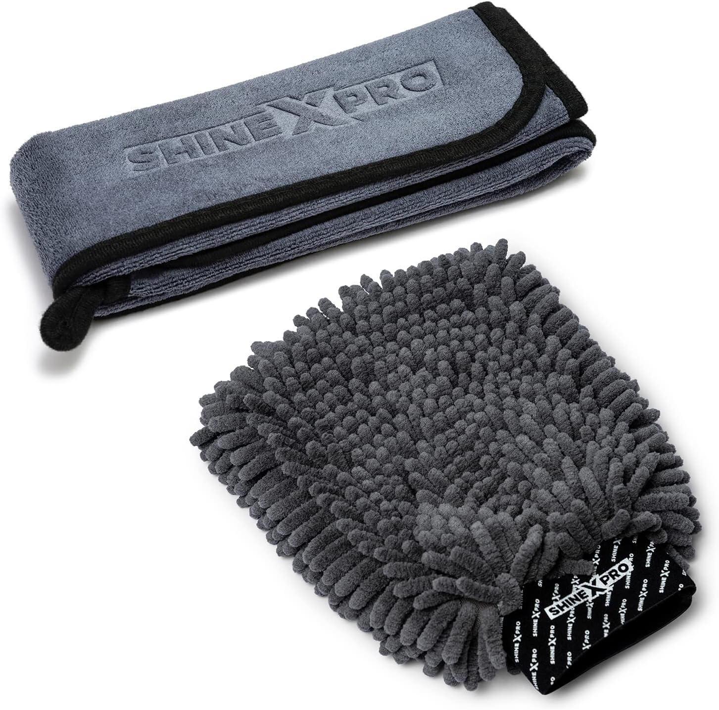 ShineXPro Microfiber Car Cleaning Cloth and Wash Mitt Kit - Includes OG Soft 500 GSM Extra Large (35x75 CM) Microfiber Cloth for Car and Dual Sided Chenille Microfiber Wash Mitt